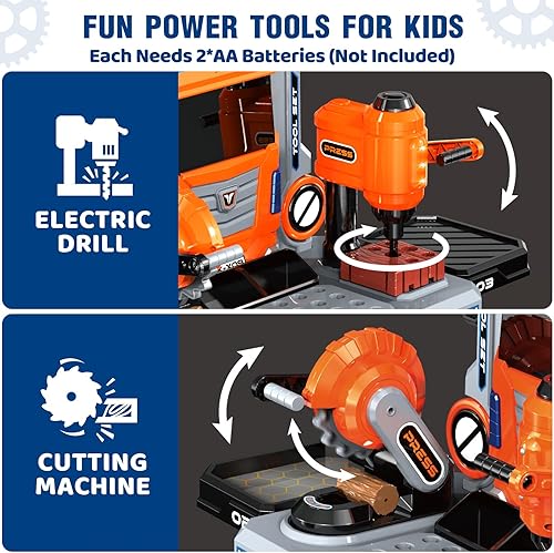 Miniatura 3 de Banco de herramientas con taladro eléctrico realista, banco de herramientas 3 en 1 para niños de 3, 4, 5, 6, 7, 8, juego de taller interactivo para