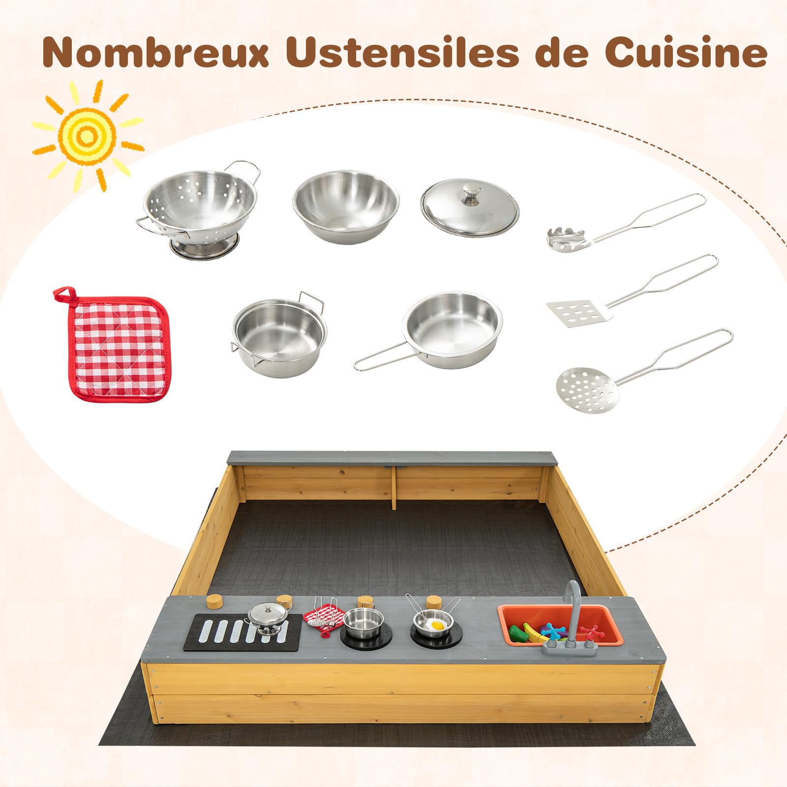 GOPLUS - Bandeja de arena de madera con banco de 135 x 125 cm, 3 en 1 bandeja de arena exterior con tapas, juego para niños de 3 a 8 años con utensilios de cocina para jardín, césped, playa