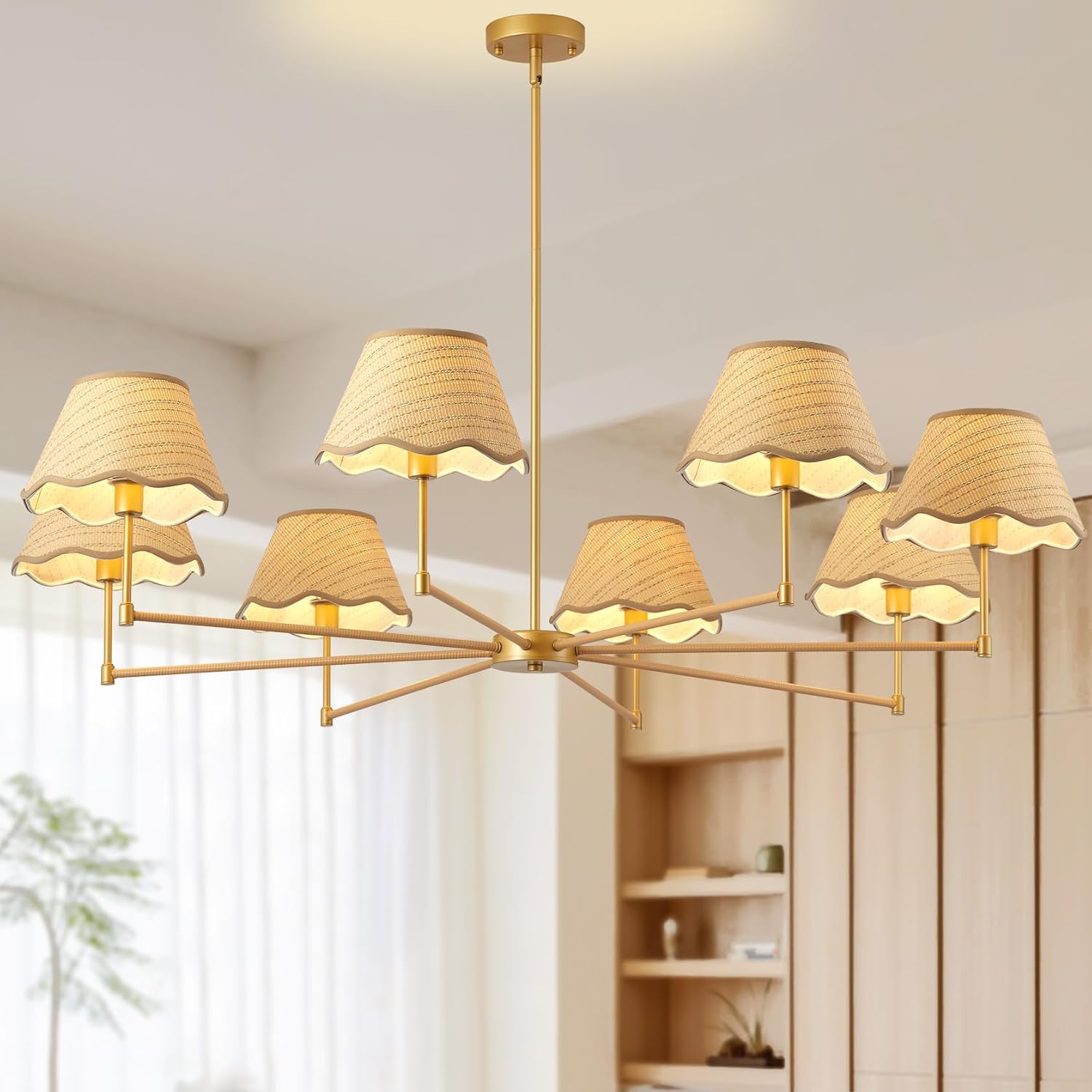 50" Large Rattan Hand-Woven Chandelier, 8-Light Rattan Boho Large Pendant Light Fixture Wicker Dining Room Ceiling Light Fixture Chandelier Adjustable for Kitchen Island Hallway Living Room