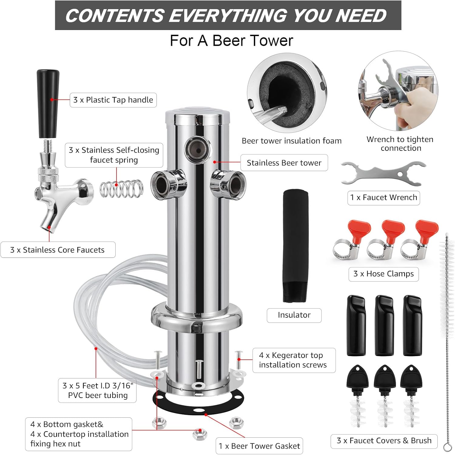 FERRODAY 3 Taps Beer Tower Dispenser Kegerator Tower, 3" Beer Keg Tap Keg Tower Kegerator Tap Tower Kegerator Parts Kit, Stainless Steel Tower Brass Faucet Stainless Core Pre-assembled Lines