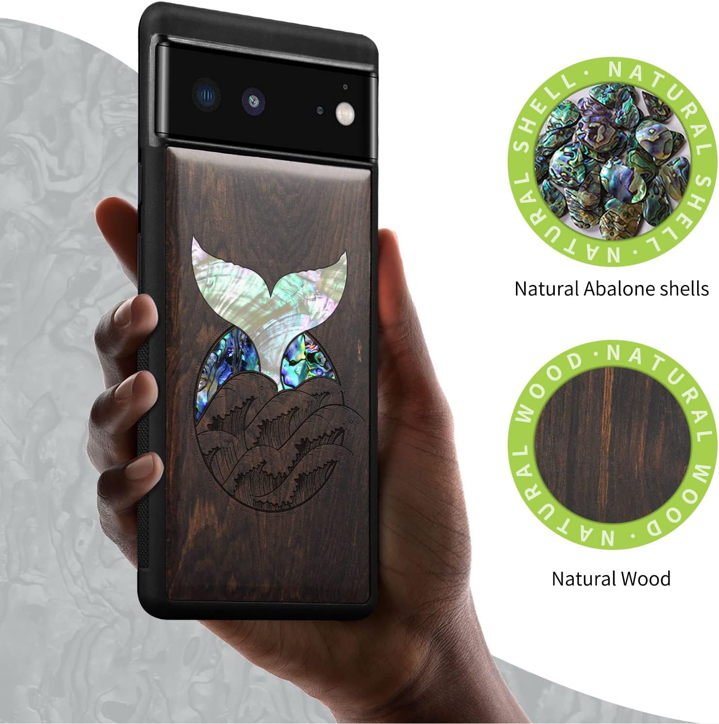 Carveit Designer Wooden Case for Google Pixel 6 Case Protective Cover [Wood Engraving & Shell Inlay] Unique Wood Phone Case Compatible with Wireless Chargers Pixel 6 (Whale Tail-Blackwood)