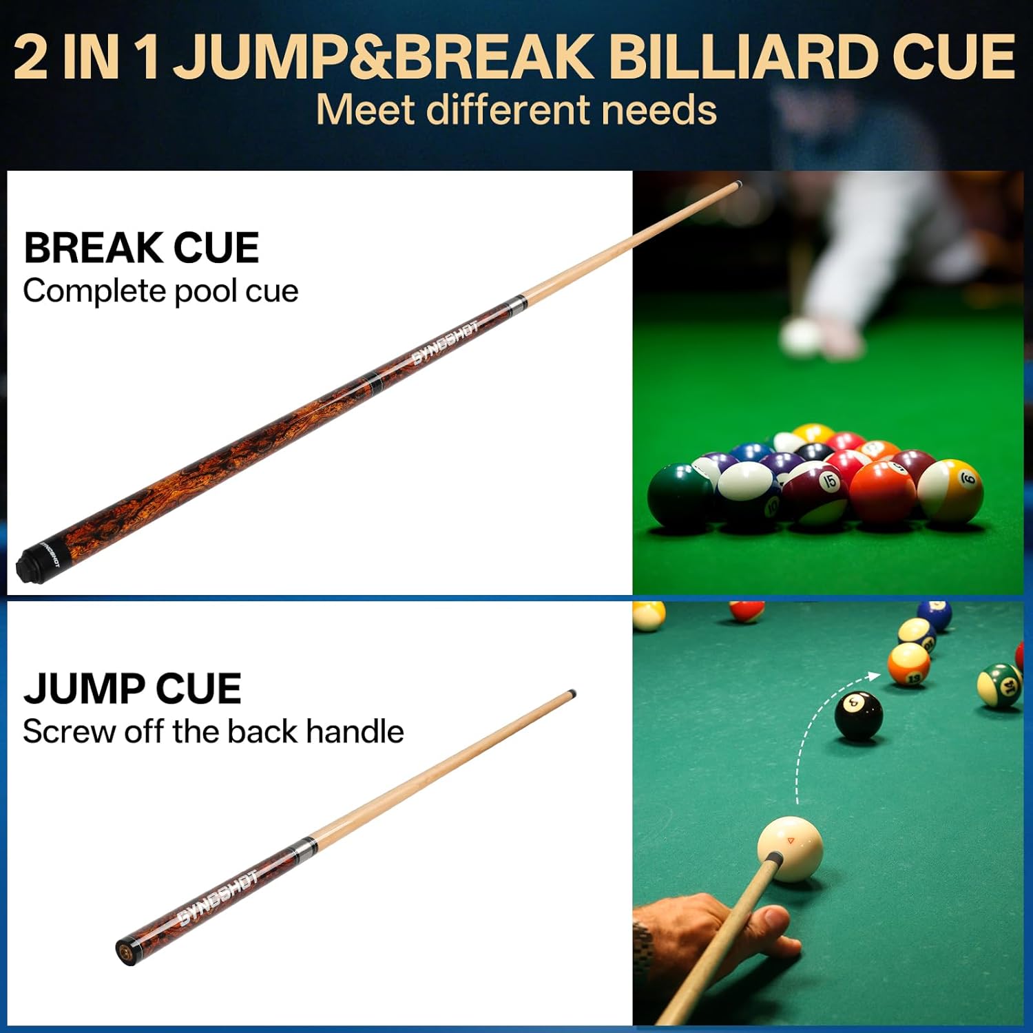 2 in 1 Heavy Break Jump Cue: 3-Piece Break Cue Pool Stick 58 Inch 21oz 14mm Pro Tips Fas-Grade Maple Wood Jump&Break Pool Cue Sticks (Brown, 19~22 oz)
