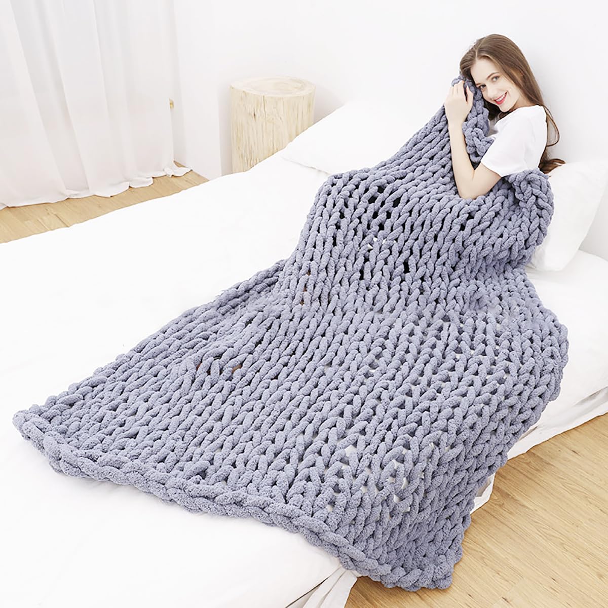 Dazzluxe Chenille Chunky Knit Blanket Throw, Handmade Warm & Cozy Blanket, Soft Breathable Fluffy Plush Blanket, Thick And Giant Yarn Throws for Couch Bed Home Decor,Grey,20x20 inch