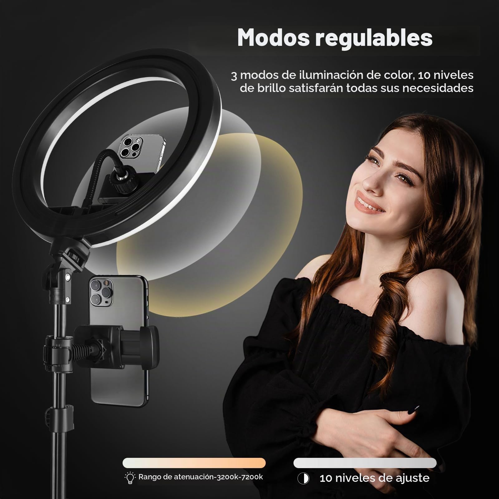 UPhitnis Aro de Luz con Tripode, Ring Light con 3 Modos 10 Brillos Regulables Aro de Luz para Móvil Youtube Maquillaje,Selfie Fotografía,Streaming