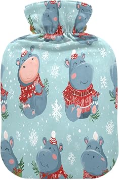 Christmas Hippo Snow Hot Cold Water Bottle with Fleece Cover PVC Hot Water Bag 2 Liter