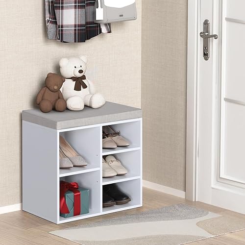 Miniatura 3 de MFSTUDIO Banco de almacenamiento de zapatos, banco pequeño de entrada para zapatos con cojín de asiento y estantes ajustables, organizador