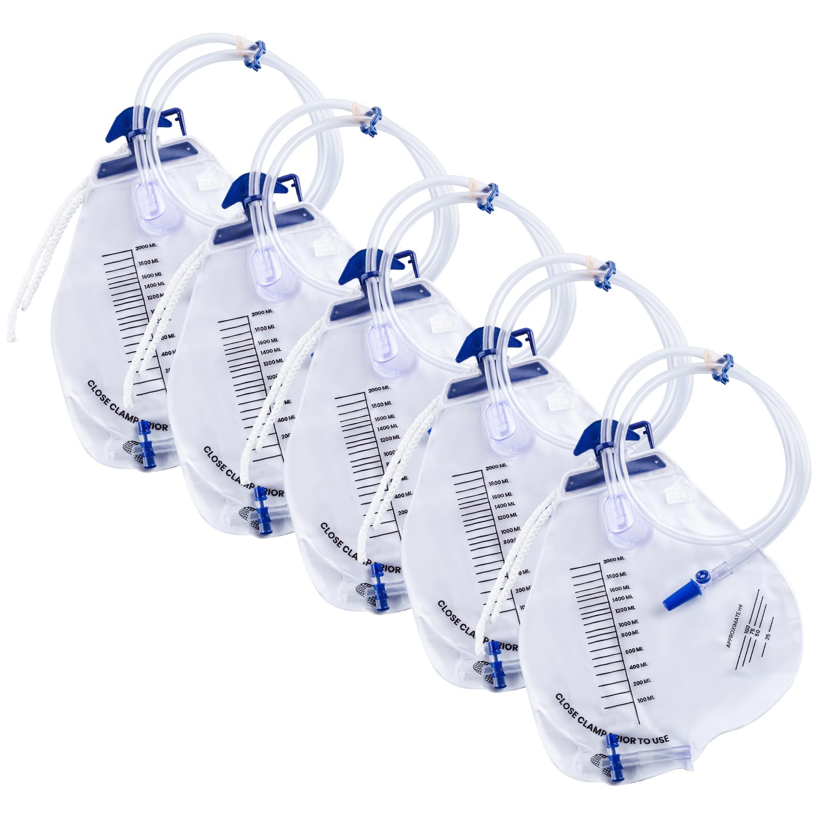 Urinary Drainage Bags 5 Pack 2000ml with Anti Reflux Chamber, 48" Flexible Drainage Tube, Leak Proof Catheter Bags with Clips, Hanging Hook and Clear