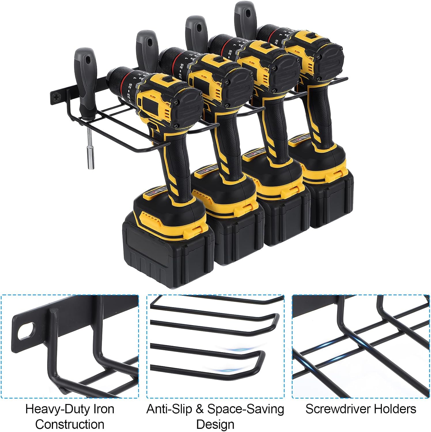 3 Pack Heavy Duty Power Tool Organizer Wall Mount – Garage & Workshop Storage Rack for Cordless Drills, Quick Installation, Iron Black (16.6”x6.8”x1.8”)