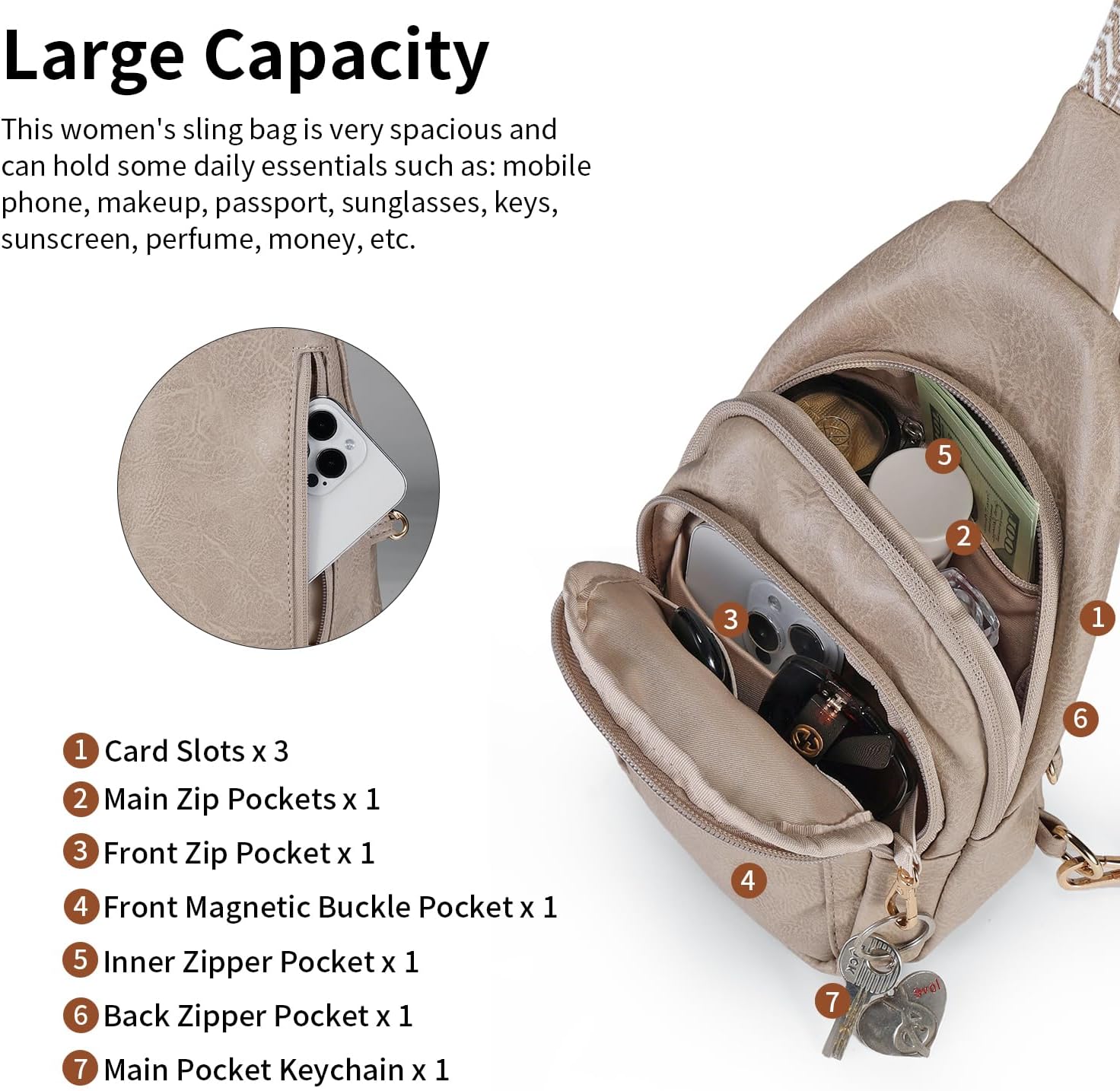 Crossbody Bags for Women Anti Theft Small Sling Handbag with Zipper Lock Vegan Leather RFID Blocking Chest Pure - Image 6