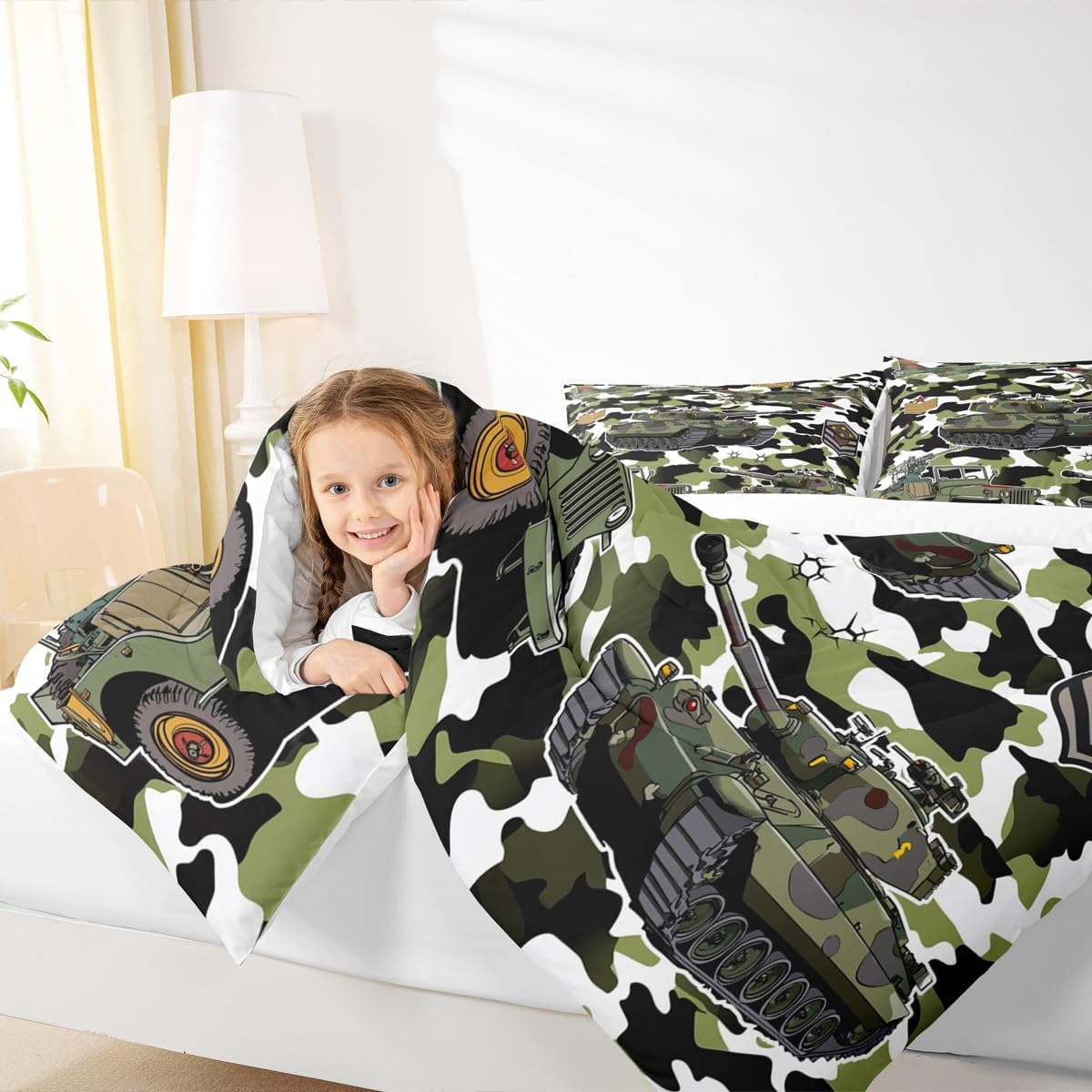 Tank Comforter Set Queen Size,Aircraft Camouflage Design Duvet Quilted,War Theme Bedding Comforters 3Pcs for Kids Child Teens Boys Man Room Decor,Army Green