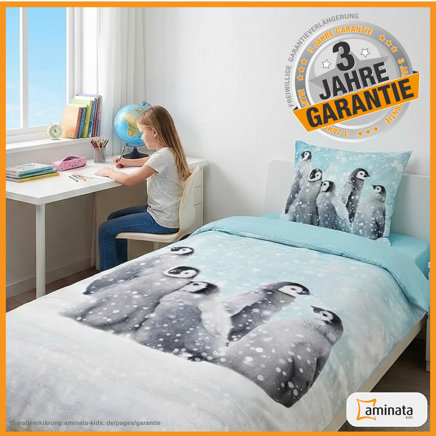 Aminata kids Biber Pinguin Bettwäsche 135x200 cm 100% Baumwolle Petrol