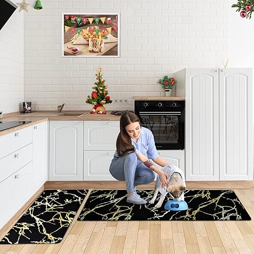 Miniatura 8 de Juego de 2 alfombras de cocina de mármol negro, antideslizantes, lavables, modernas, acolchadas, antifatiga, impermeables, de espuma viscoelástica,