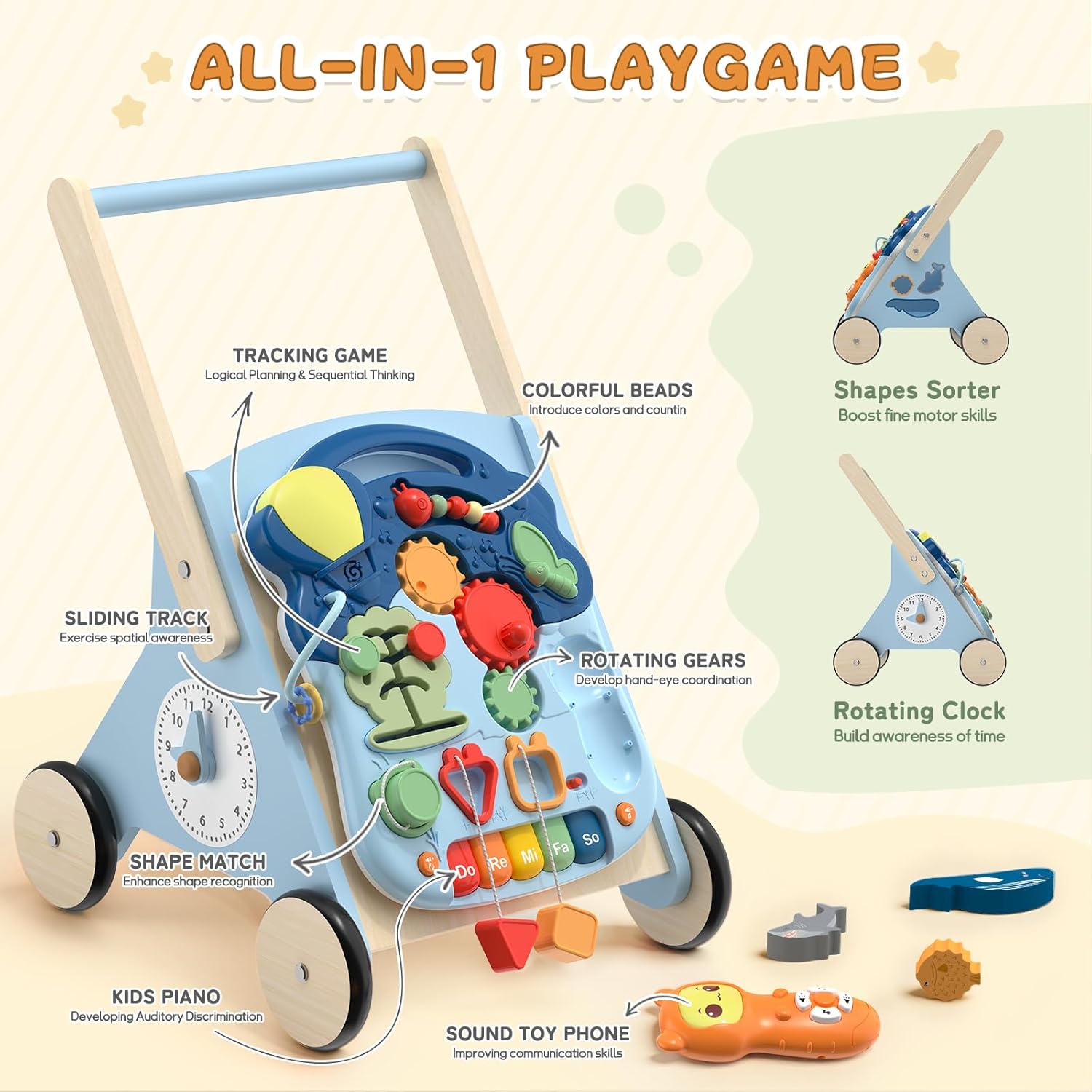 Wooden Baby Push Walker, 10-in-1 Baby Walker Toys with Wheels for Toddlers 18 Months, Detachable Montessori Activity Board Toy & Storage for 1 Year Old Boys Girls Learning to Walk
