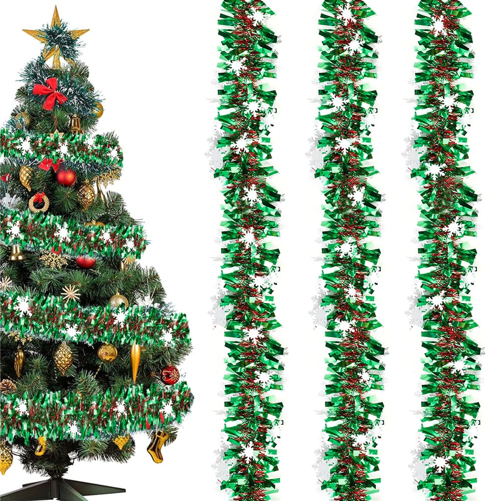 59 Ft Christmas Tinsel Garland, Snowflake Tinsel Garland for Christmas Decorations, Green Christmas Metallic Twist Garland Decoration for New Year Party Birthday Holiday Indoor Outdoor Supplies
