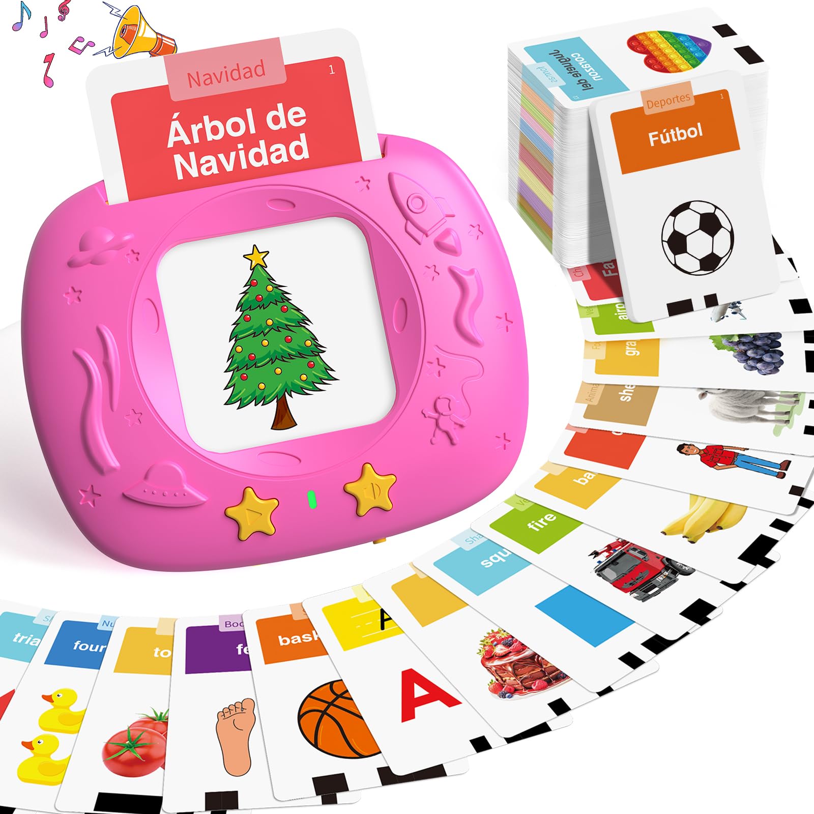 HOMESTEC Tarjetas Flash Parlantes, Juego Educativo Audibles para Regalo de Niños de 2 a 6 Años, 144 Hojas, 288 Palabras en Español, Tema Espacial Juguete Montessori Certificado ClimatePartner