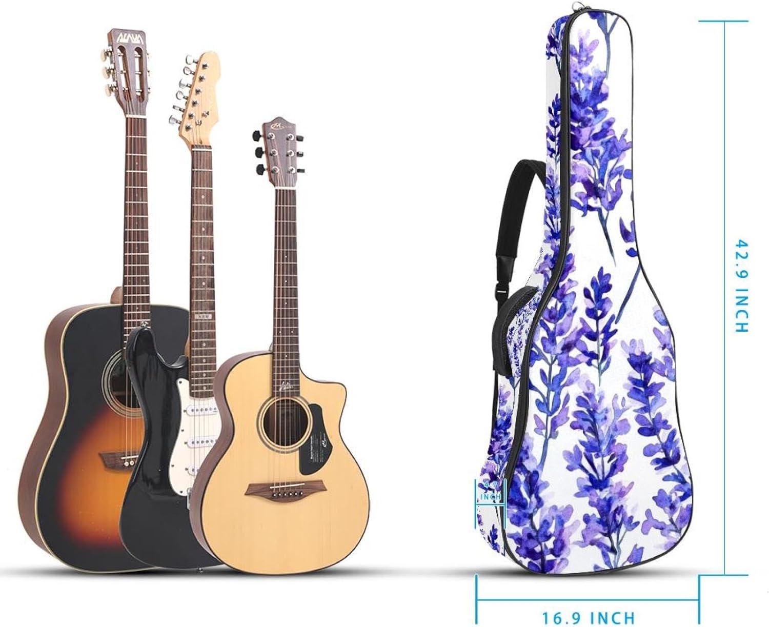 Purple Lavender Flowers Acoustic Guitar Gig Bag, 1 cm Thick Padding Waterproof Guitar Bag Backpack for 40 41 42 Inch Electric Bass Classical Guitars