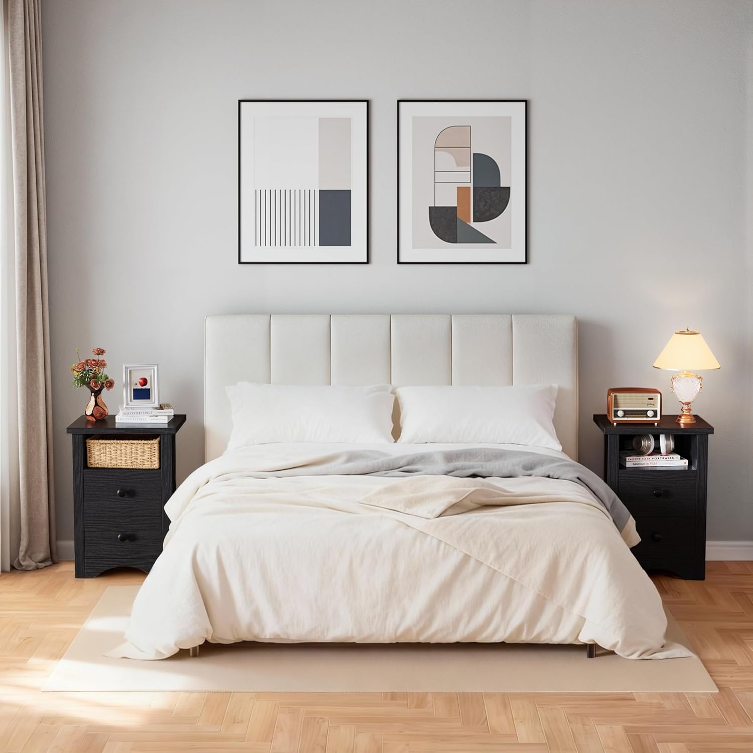 YESHOMY Nightstand Set of 2, Farmhouse Night Stand with 2 Storage Drawers and Open Shelf, Bedside Tables for Bedroom Small Space, Black