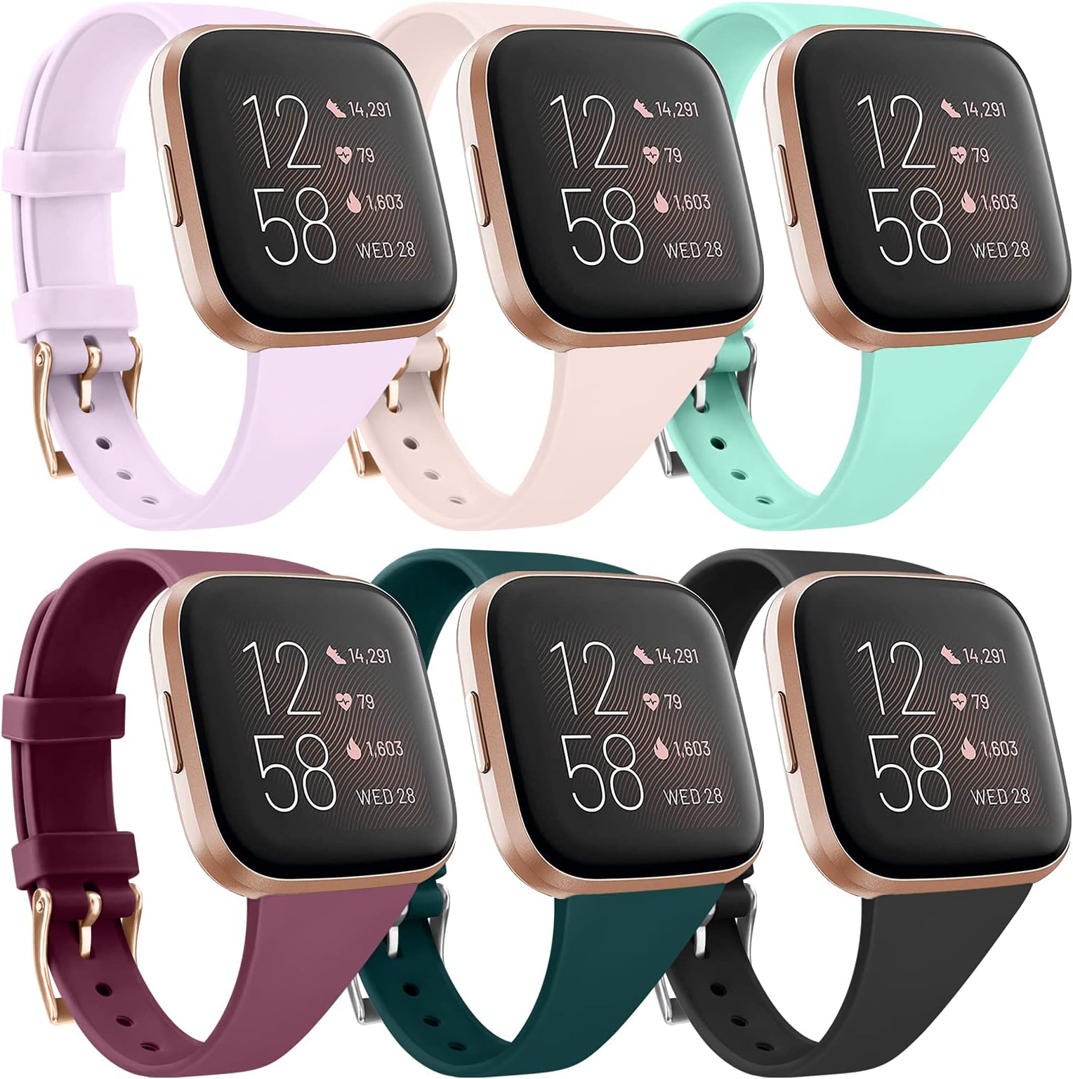 6 Pack Silicone Bands Compatible with Fitbit Versa 2 Bands/Fitbit Versa Bands/Versa Lite/Versa SE, Soft Silicone Slim Narrow Replacement Wristbands for Fitbit Versa 2 Smart Watch