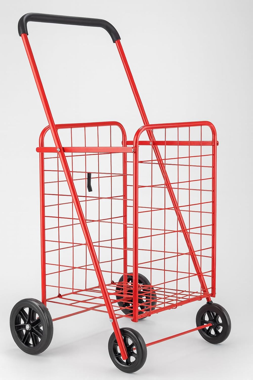 J&V TEXTILES Folding Shopping Cart with Double Baskets, 360° Swivel Wheels, Heavy Duty Utility Cart for Laundry and Grocery, 110 LBS Capacity (Red)