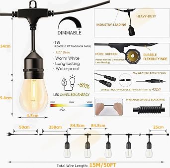Svater Outdoor String Lights LED 14m, S14 Festoon Lights Mains Powered with 1W Plastic Bulbs, IP65 Waterproof Garden String Light for Patio Party Wedding, 2700K Warm White [Energy Class G]