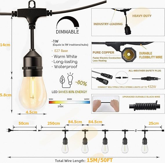Svater Outdoor String Lights LED 14m, S14 Festoon Lights Mains Powered with 1W Plastic Bulbs, IP65 Waterproof Garden String Light for Patio Party Wedding, 2700K Warm White [Energy Class G]