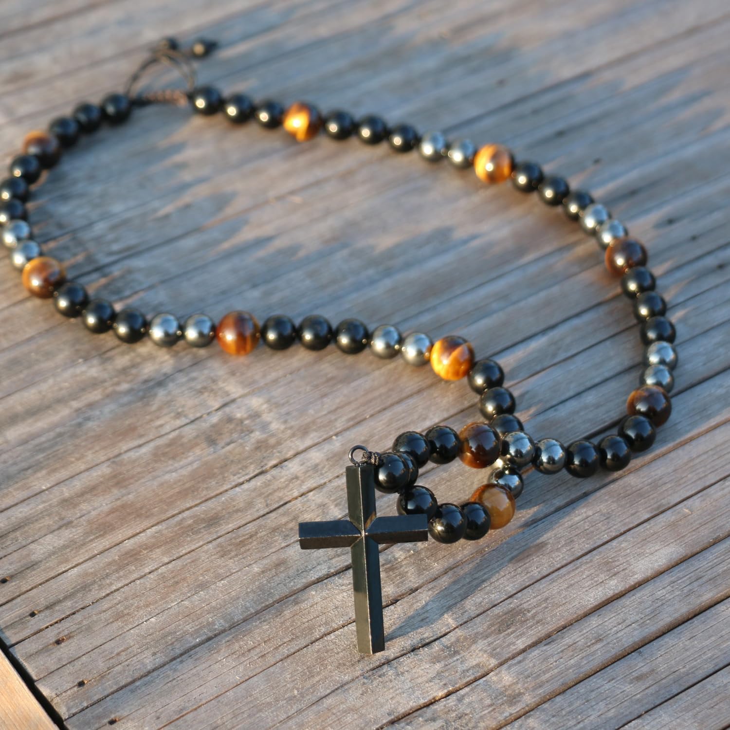 Healing Crystal Beads Necklace for Men Triple Protection Men Cross Necklace Black Obsidian Tiger Eye and Hematite Beads Christmas Gifts for Prayer and Meditation