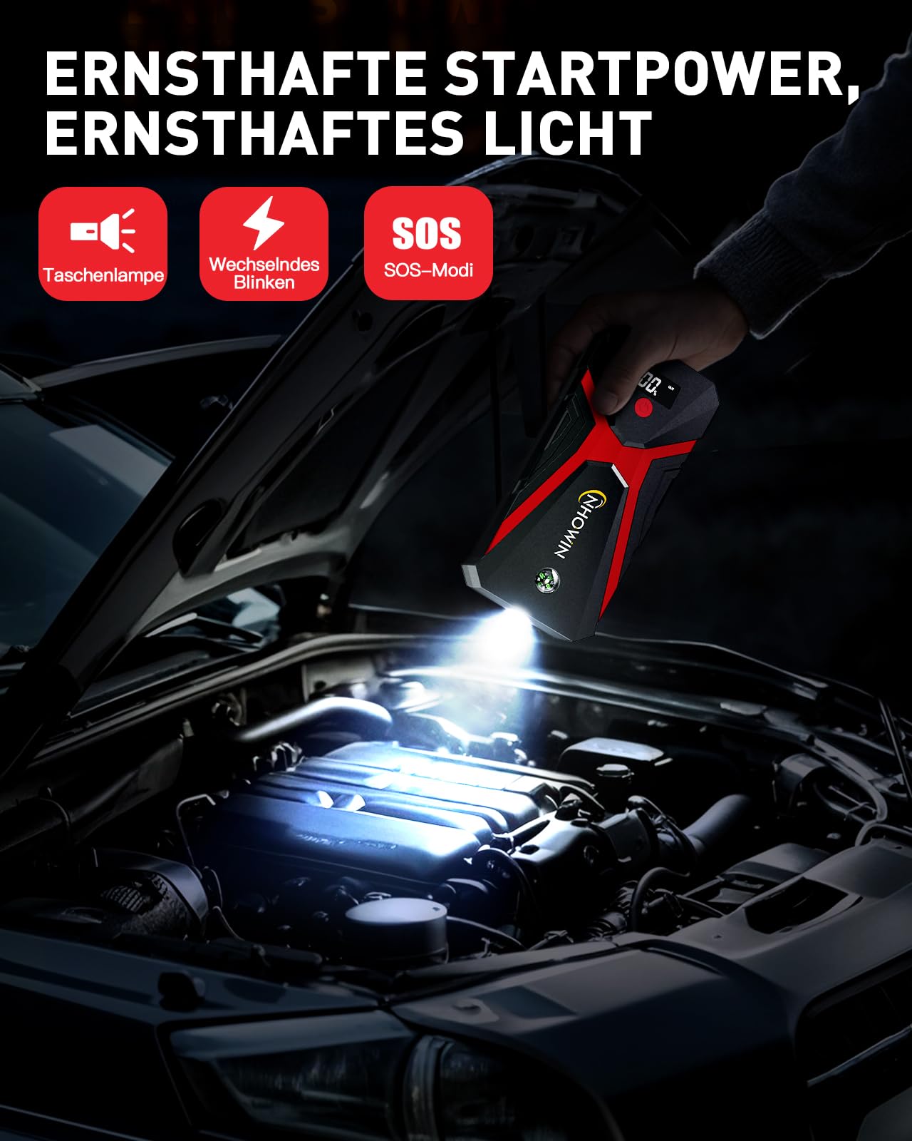 4000A Starthilfe Powerbank für Pkw 12V, 20000mAh Auto-Starthilfe mit LED