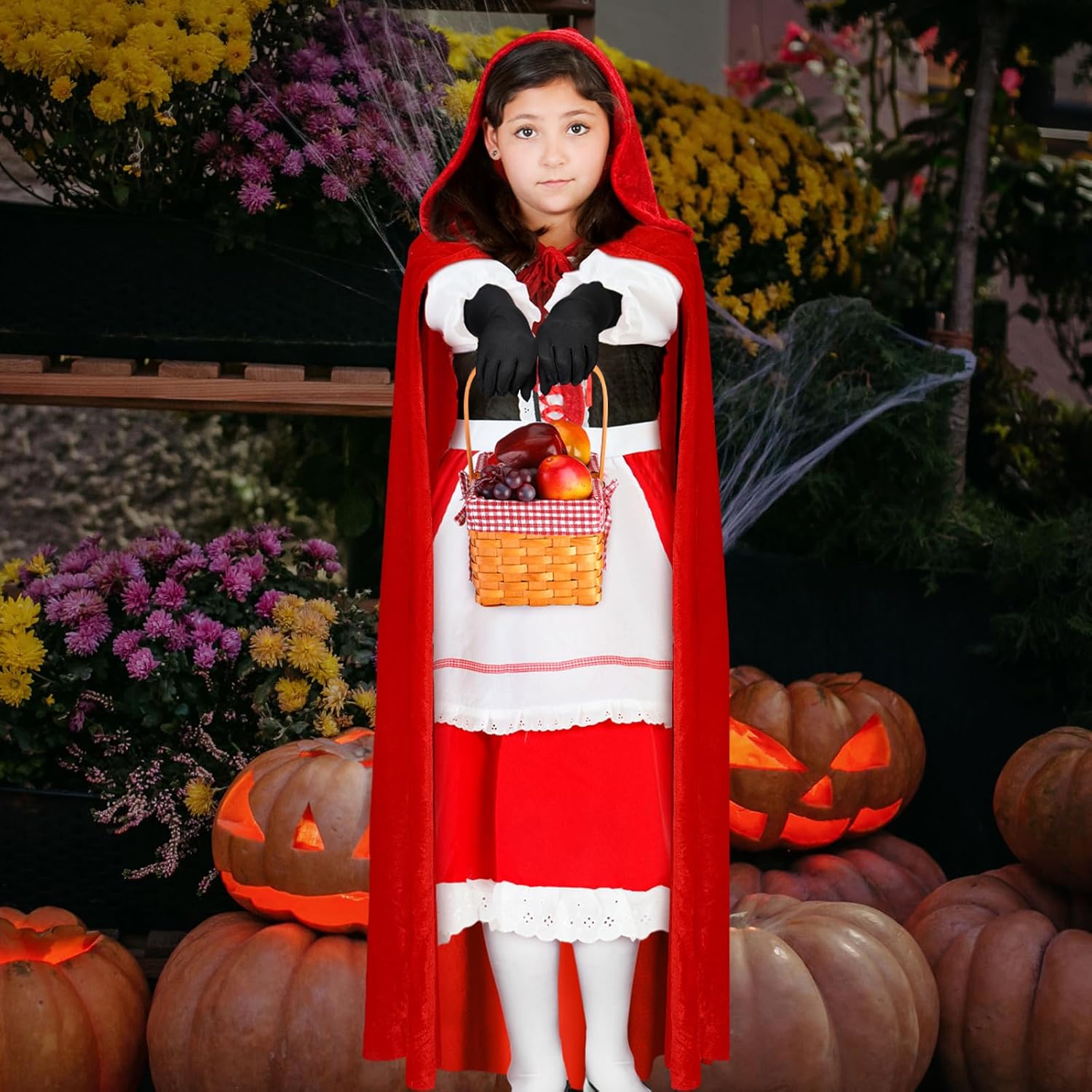 Ramede 4 Pcs Halloween Cosplay Accessories Long Hooded Cloak Velvet Cape Elbow Length Party Gloves for Women Bow Thigh Highs Red Gingham Hand Basket for Adult Costumes - Image 6