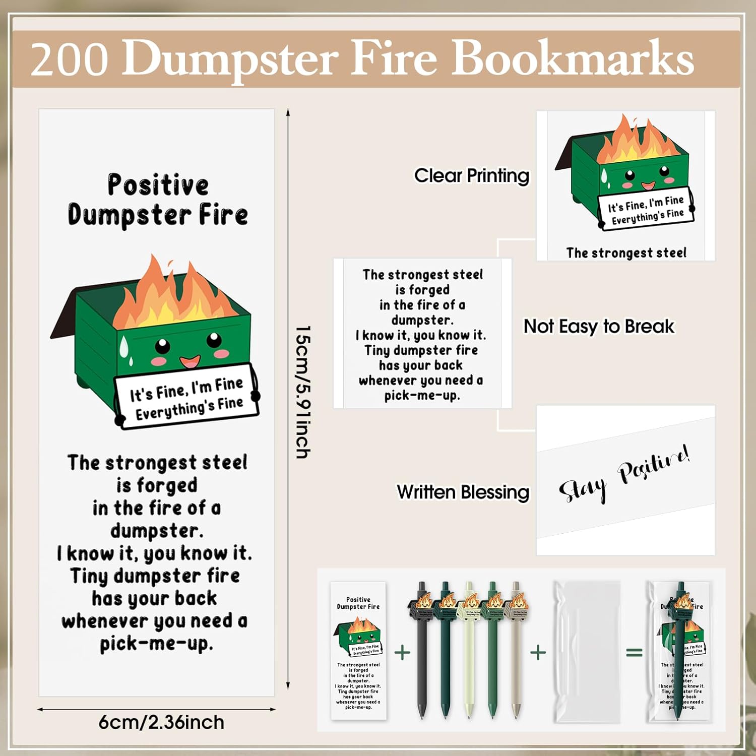 Sayglossy 200 Sets Dumpster Fire Gift Funny Employee Appreciation Gifts Bulk Dumpster Fire Ballpoint Pens Emotional Support Positive Bookmarks for Social Worker Office Coworkers Teacher Student Nurse