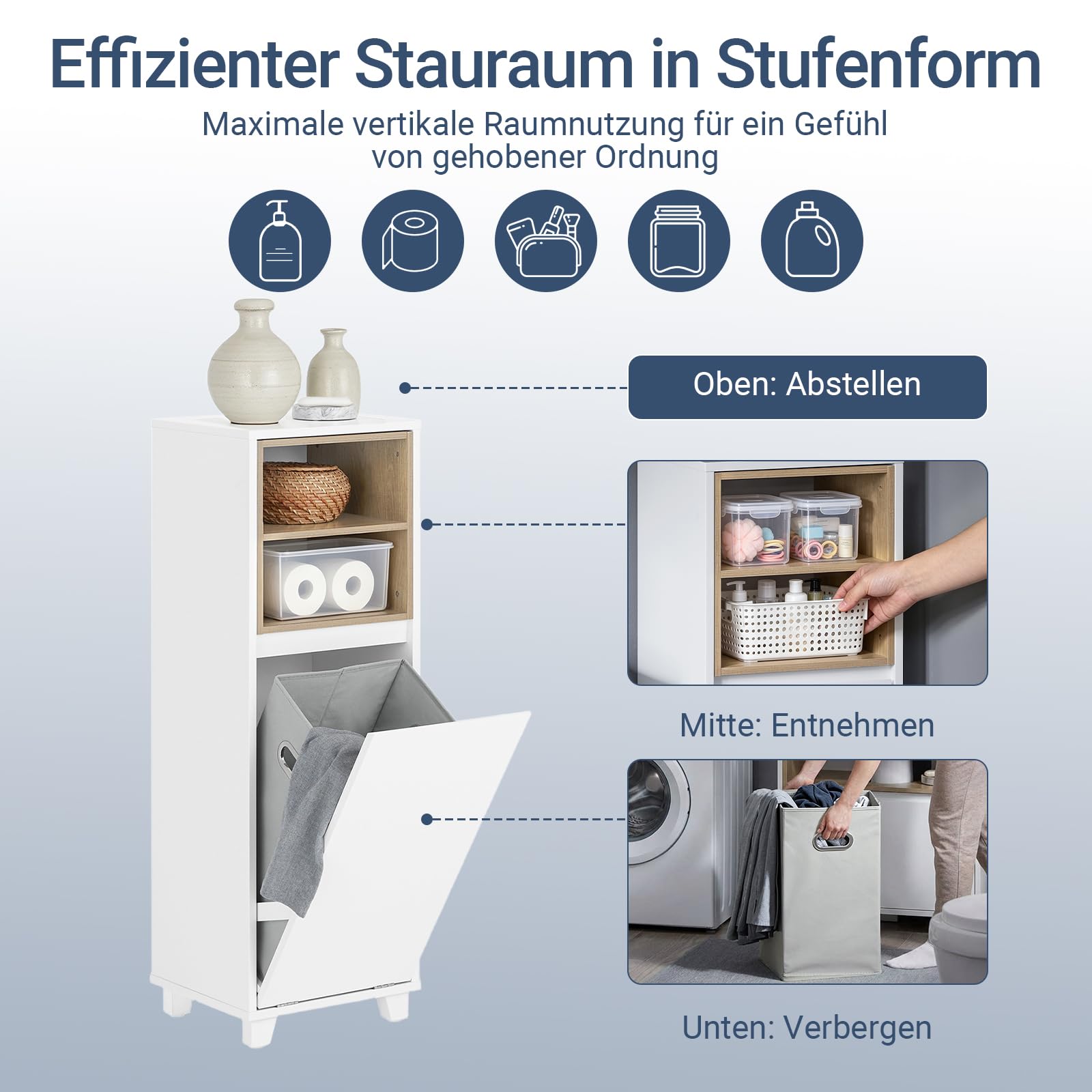 SoBuy Badezimmerschrank mit Wäschekorb für Badezimmer, 35x105x30 cm Weiß | Schmaler Wäscheschrank mit ausklappbarem Wäschesack & 2 offenen Fächern – Badmöbel aus Holz, BZR146-W