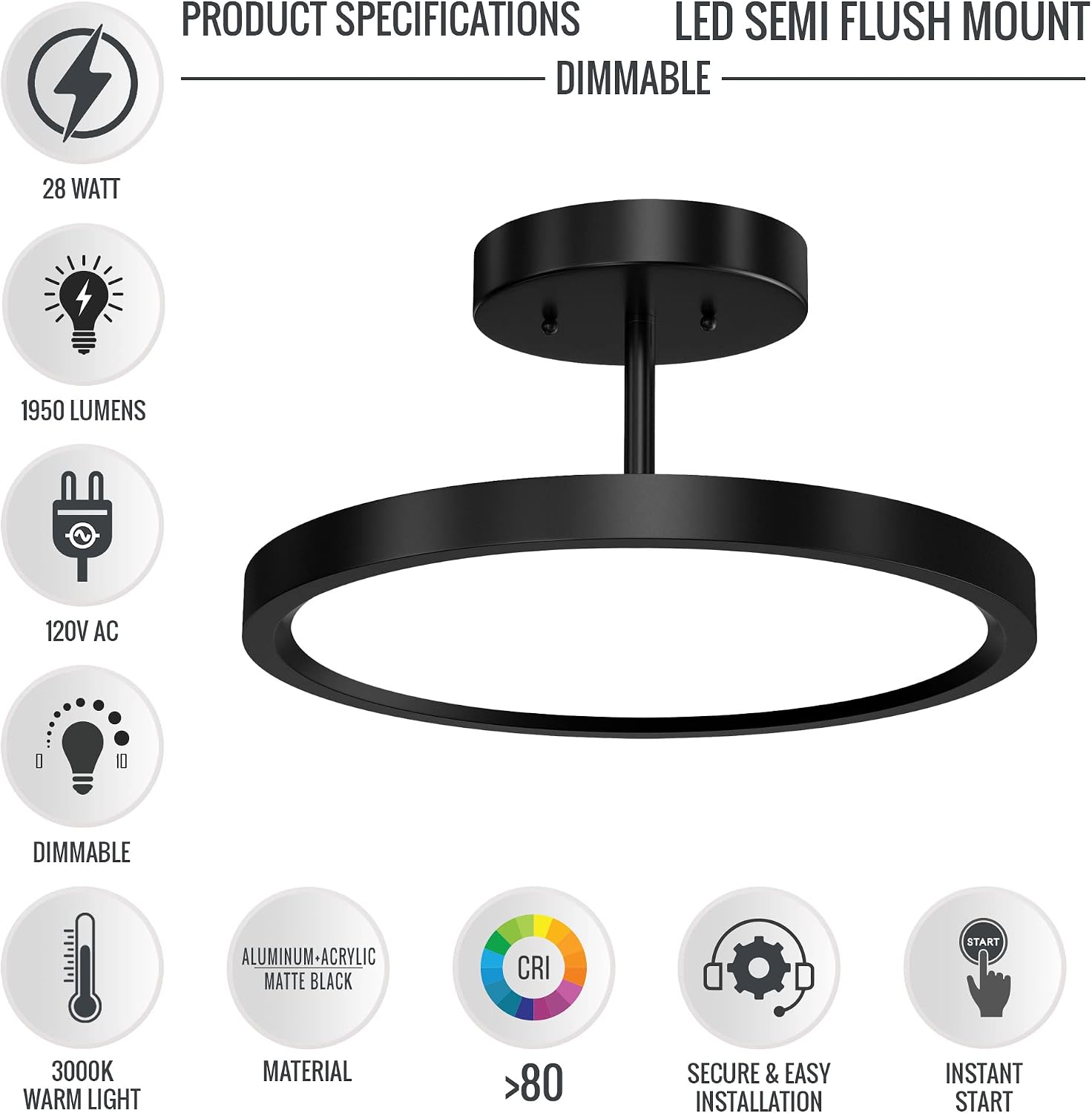 LEDMyplace 28W Round Shape LED Semi Flush Mount Ceiling Lights, Matte Black, Dimmable, 3000K Warm White, 1950 Lumens, White Acrylic Shade, Close to Ceiling Lighting Fixtures for Living Room, Bedroom
