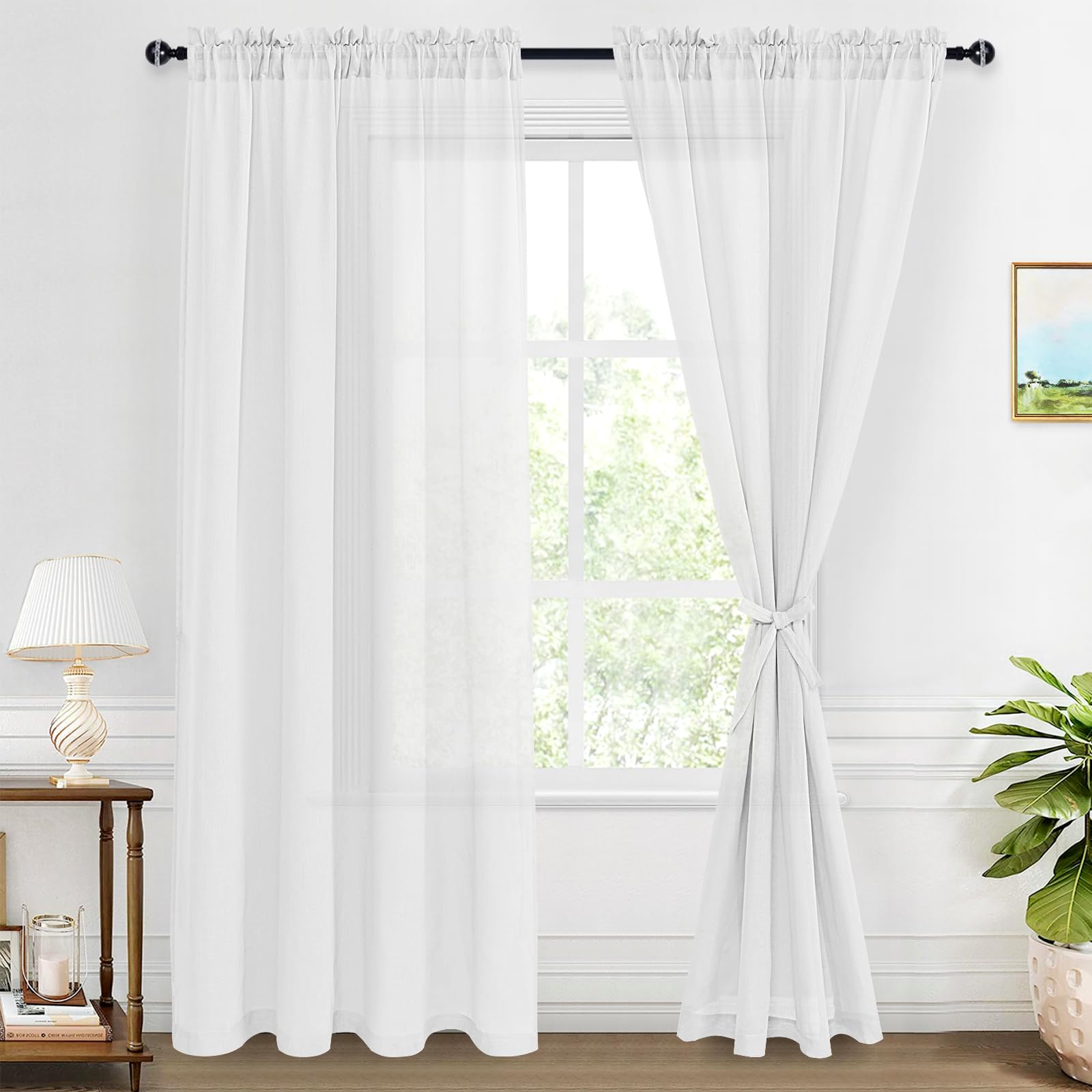 XWZO Sheer Linen Curtains 96 Inch Long, White Semi Sheer Curtains Rod ...