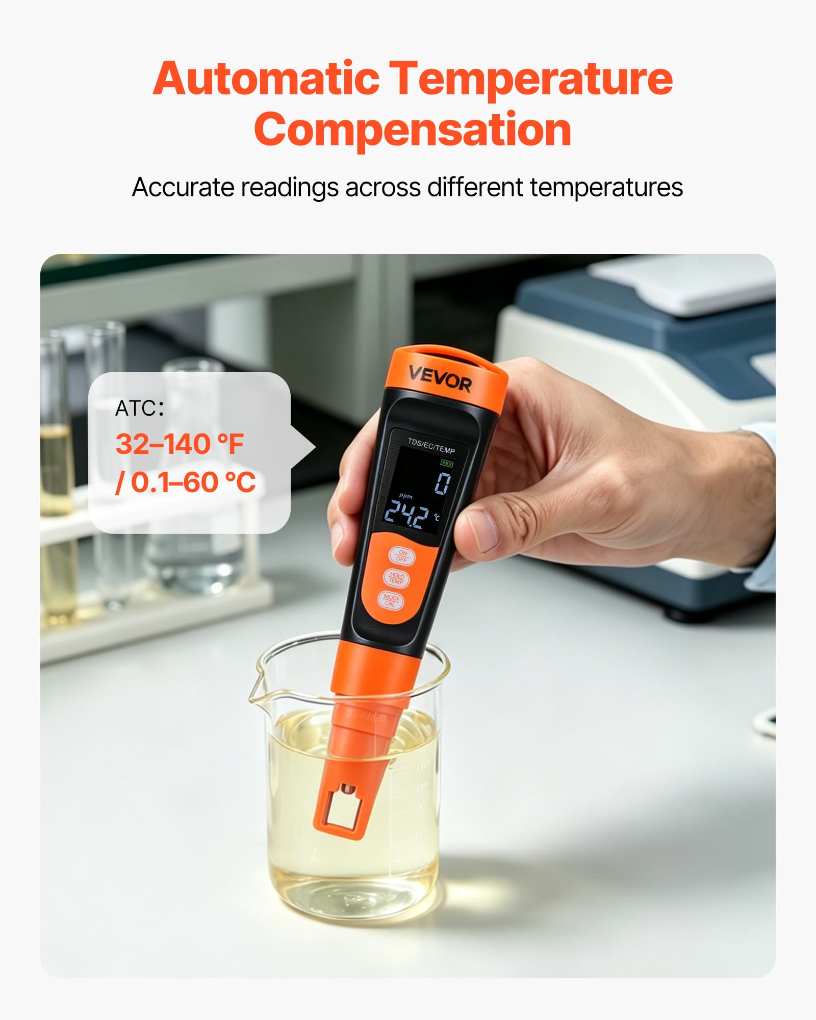 VEVOR Tester TDS, multiparametryczny pomiar EC/TDS 0-9990 str./min, cyfrowy tester jakości wody z ATC i przezroczystym wyświetlaczem VA, do wody pitnej, akwarium, basenu i hydroponiki, przenośny