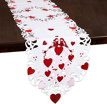 Grelucgo Embroidered Decorative Table Runner with Hearts, Pink and Red 14x35 inches