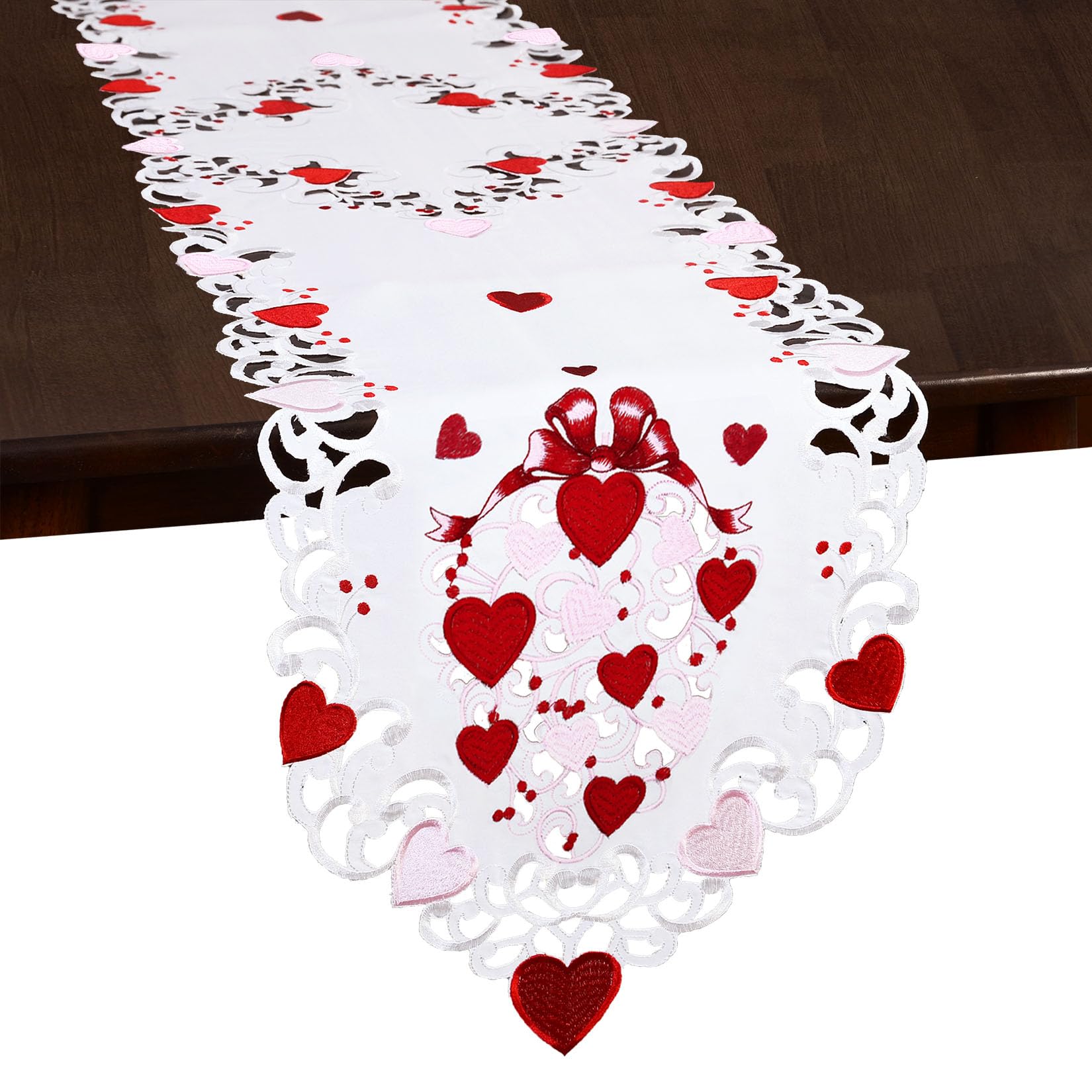Grelucgo Camino de mesa decorativo bordado para el día de San Valentín con corazones, rosa y rojo (14 x 69 pulgadas)