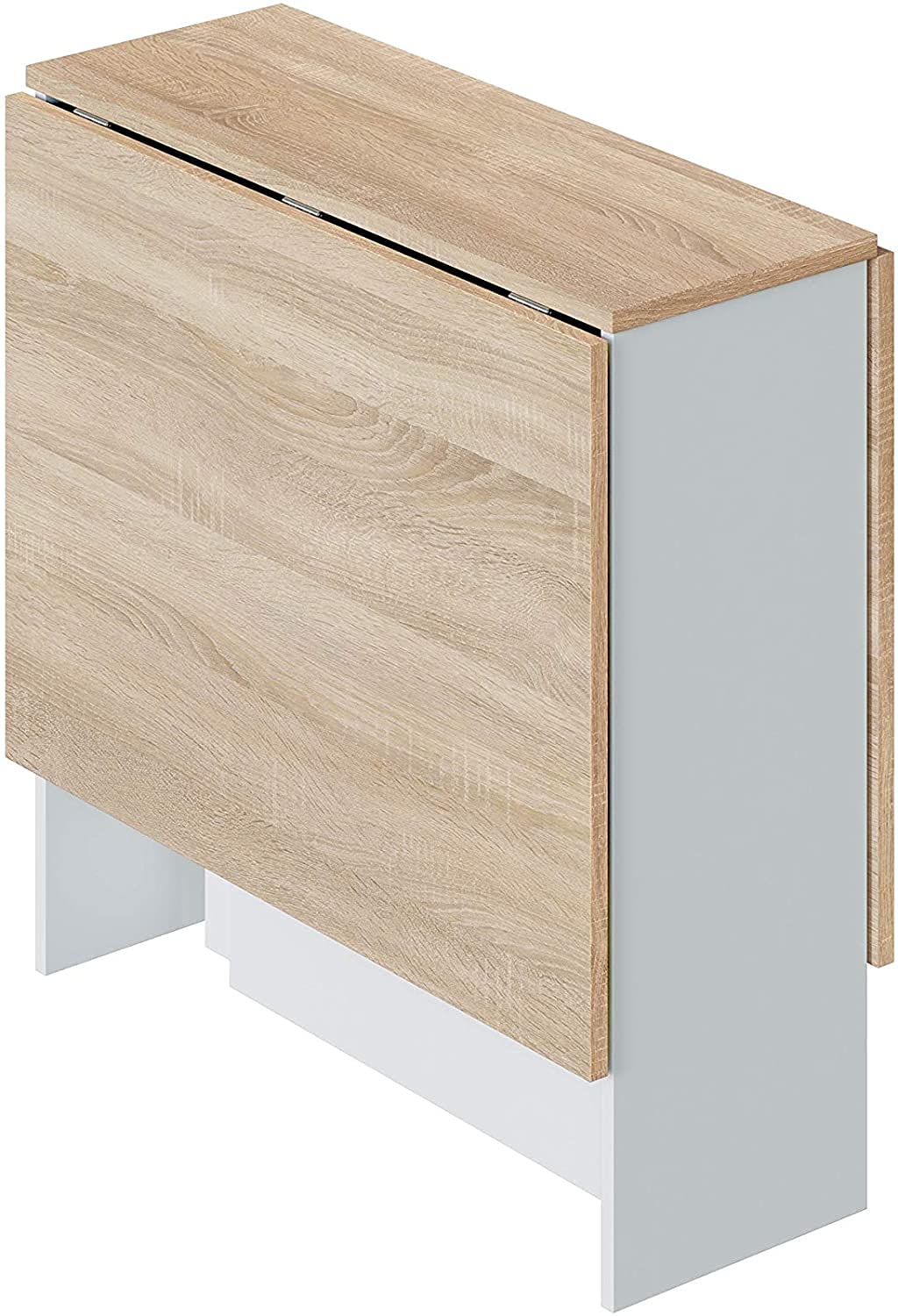 Mesa de Cocina Plegable con Acabado en Color Blanco Artik y Roble Canadian - Dim: 77 cm (Largo) x 31-140 cm (Ancho) x 79 cm (Alto)