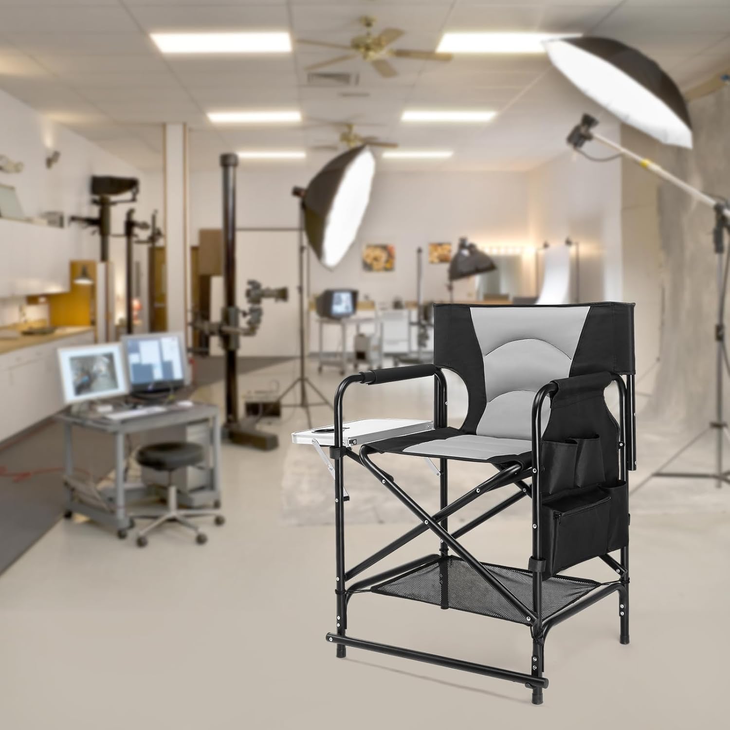 OmySalon Directors Camping Chair with Side Table Storage Bag, Foldable Camping Chair for Aritist & Client (22in)