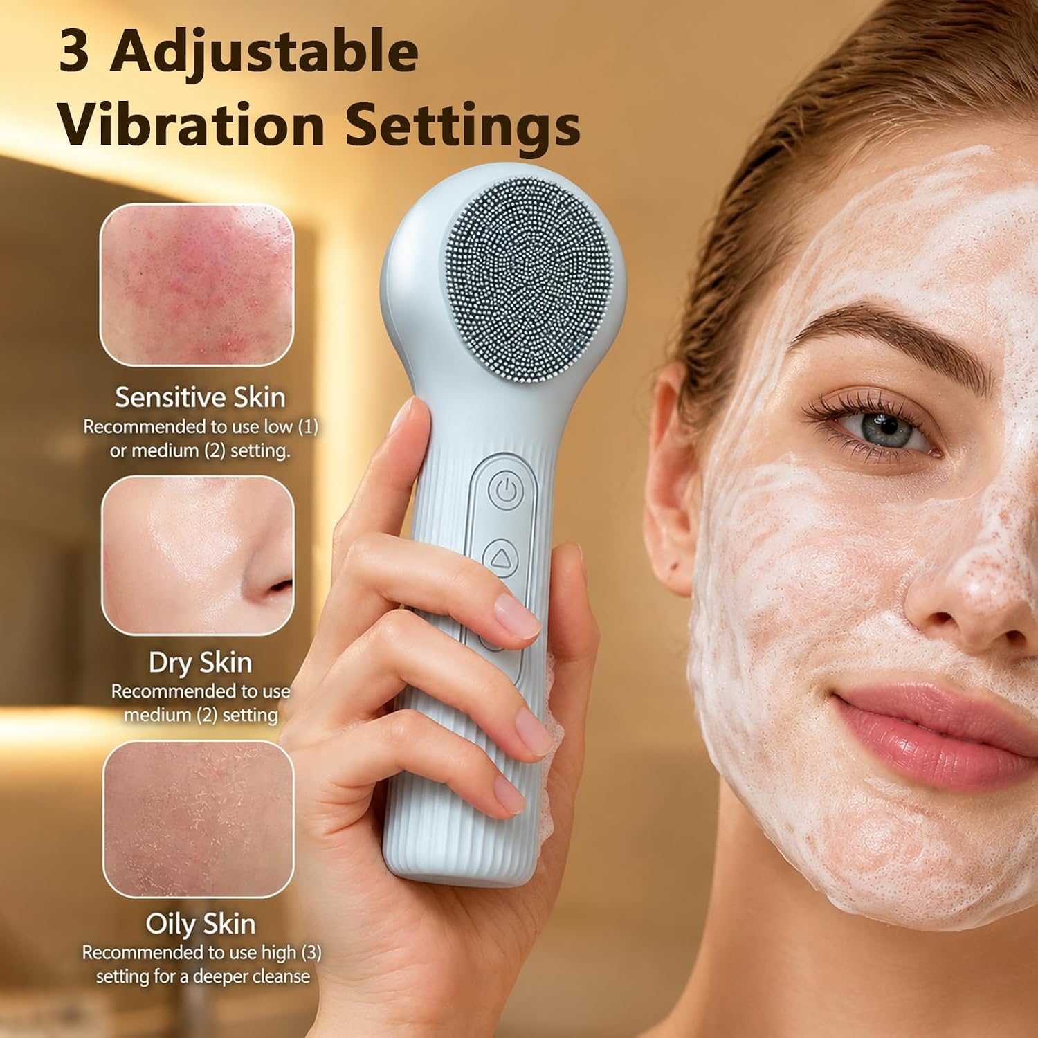 Silicone Facial Brush, Rechargeable Face Scrubber with 3 Vibration Settings, Exfoliator Face Scrubber with Massaging and Deep Cleaning, IPX7 Waterproof Facial Cleansing Brush for Women Men (Blue)
