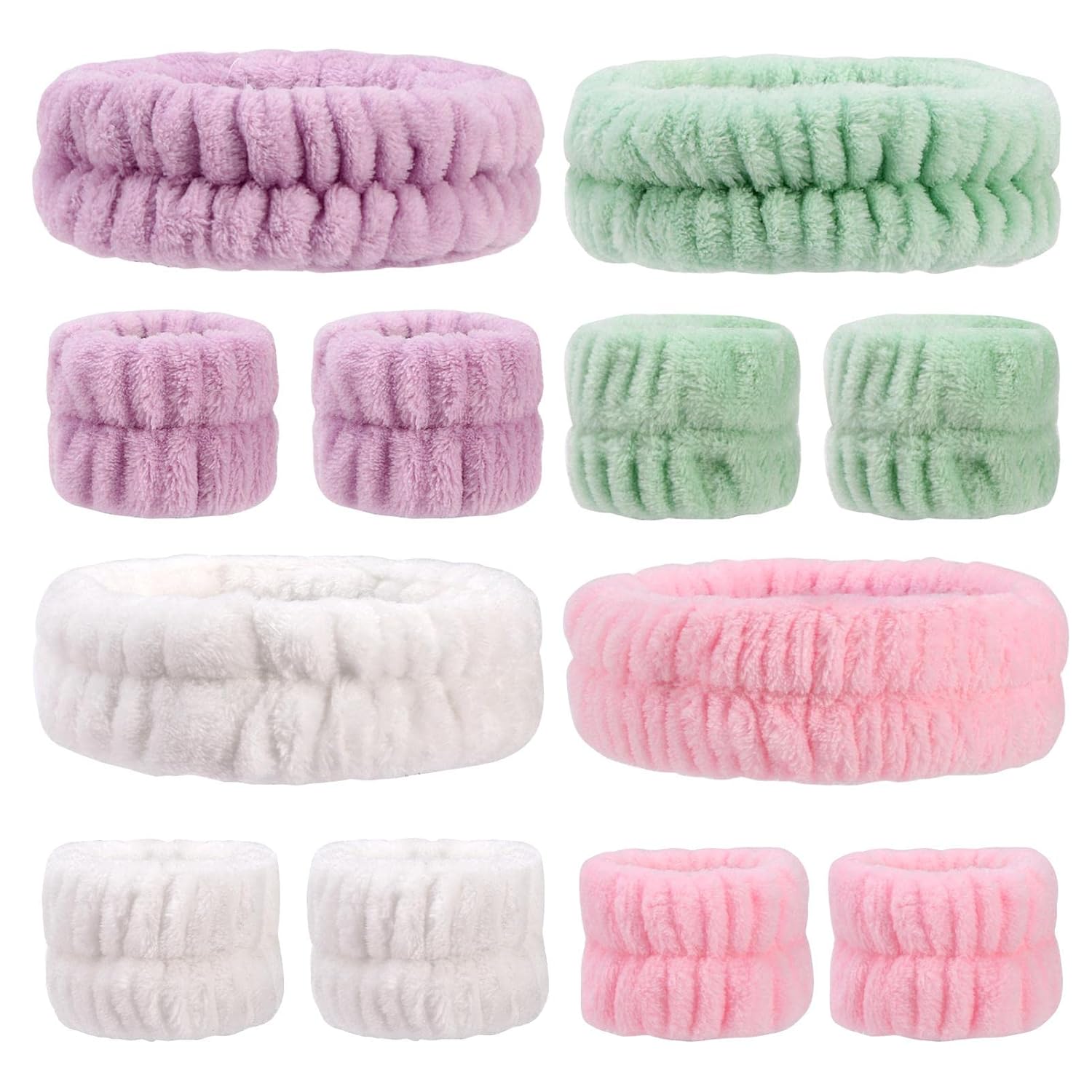 12 Pieces Spa Headband Wrist Washband Set, 4 Soft Flannel Facial Headband Elastic Hairband and 8 Wrist Washband, Face Wash Set for Washing Face Shower Yoga Makeup (Green, Purple, White, Pink)