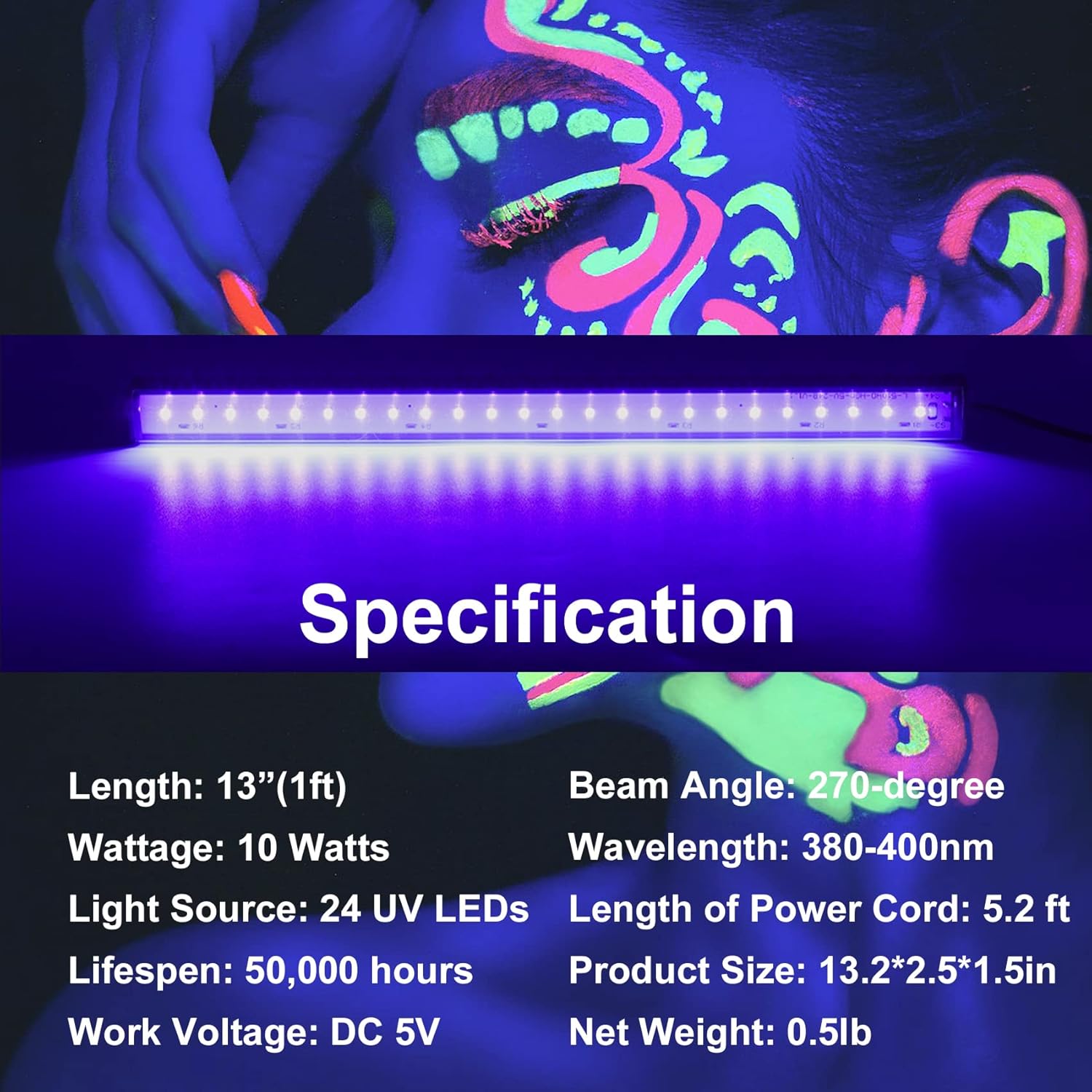 Black Light Bar 10W UV Blacklight Strip for Glow Party: 1ft USB Portable LED Party Supplies for Body Paint Stage Fluorescent Tapestry Poster Halloween Club Bedroom Cabinets Decor Urine Detect 2 Pack