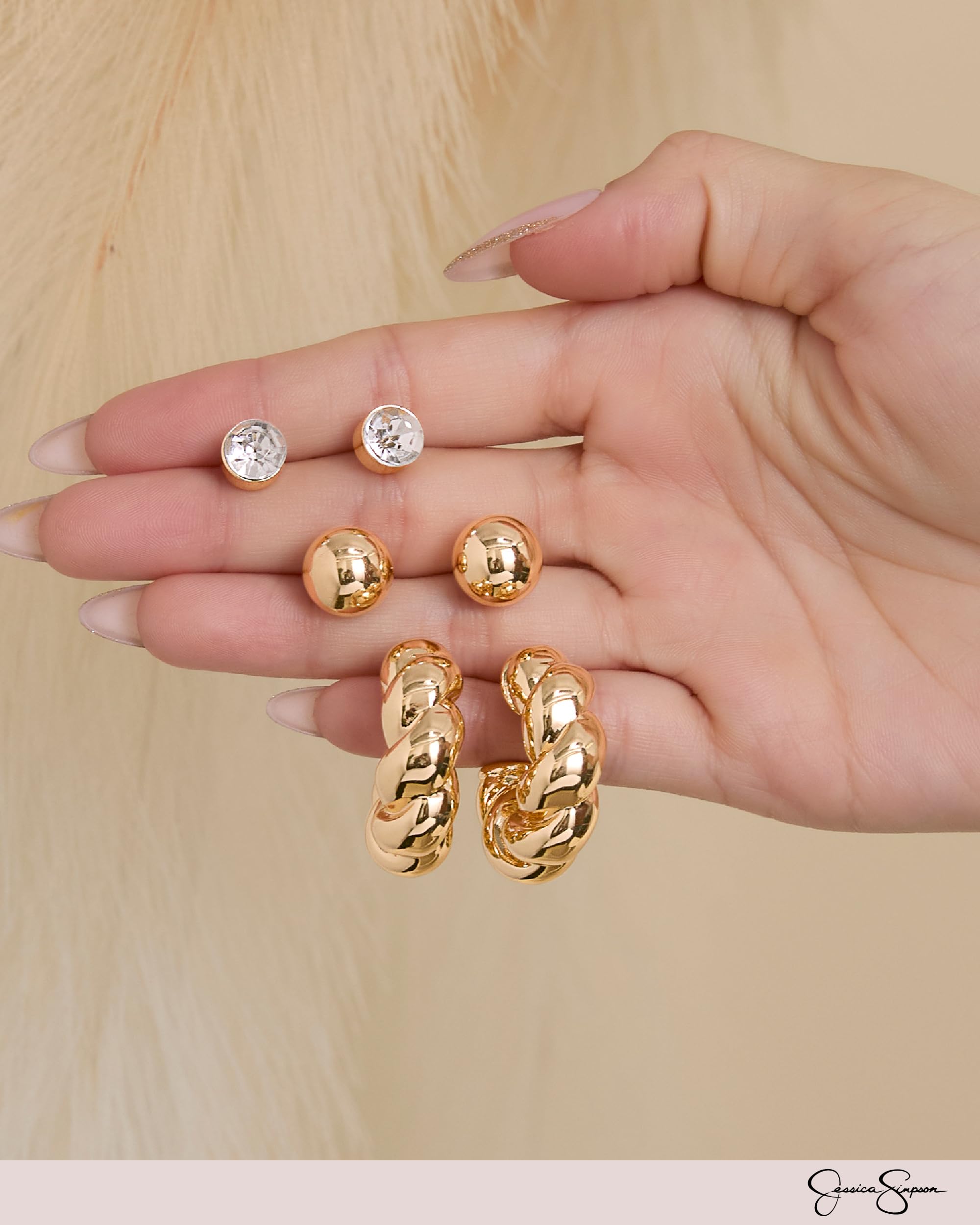 Jessica Simpson Gold-Tone Earrings Pack for Women Set of 3 with Crystal Accents, 2 Stud Earrings and 1 Pair of Chunky Hoops