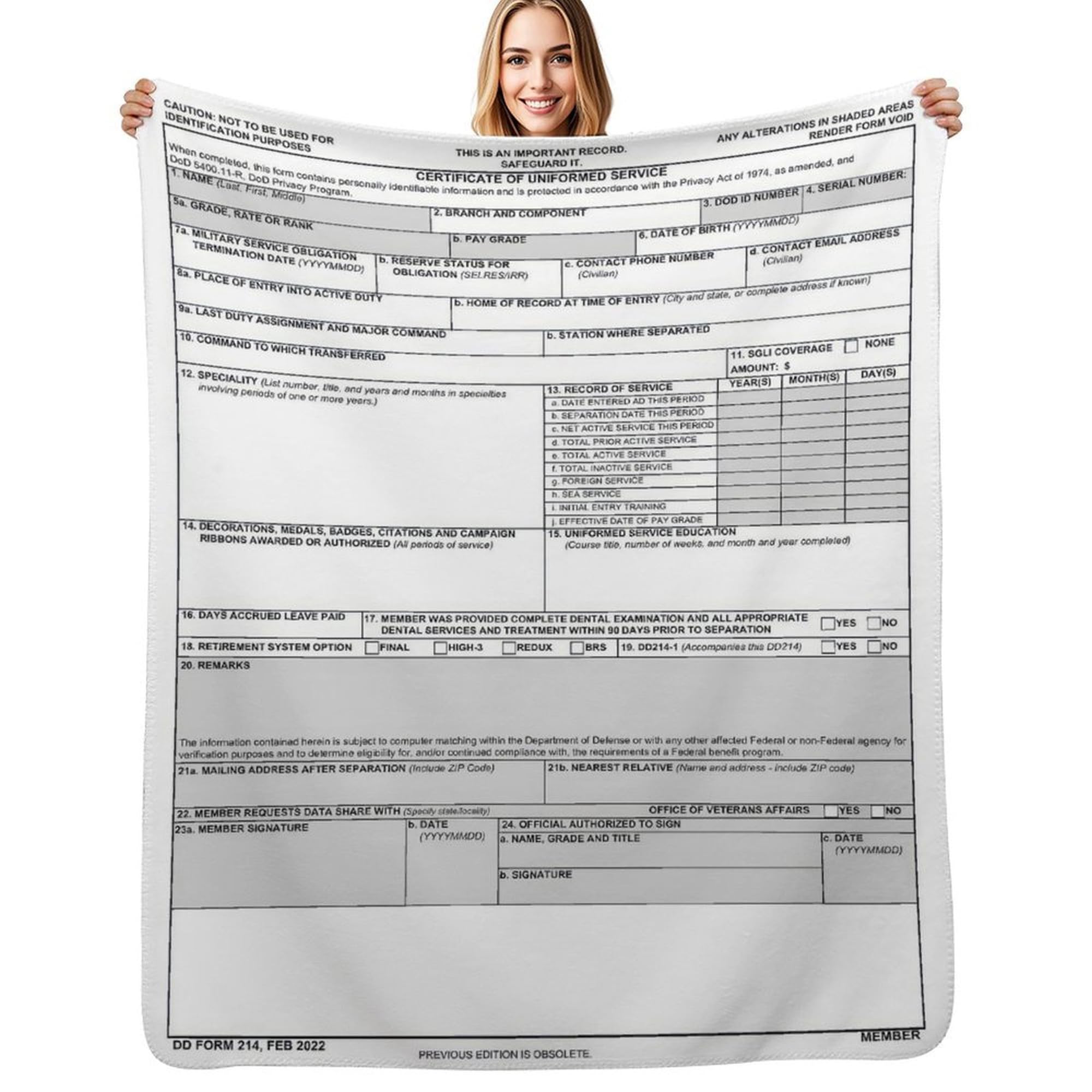 CowBey DD Form 214 Throw Blanket Veterans-Blanket Gifts-for Retired Men Dad Women Cozy Soft Fleece Blankets Couch Sofa Bedroom Living Room Decor