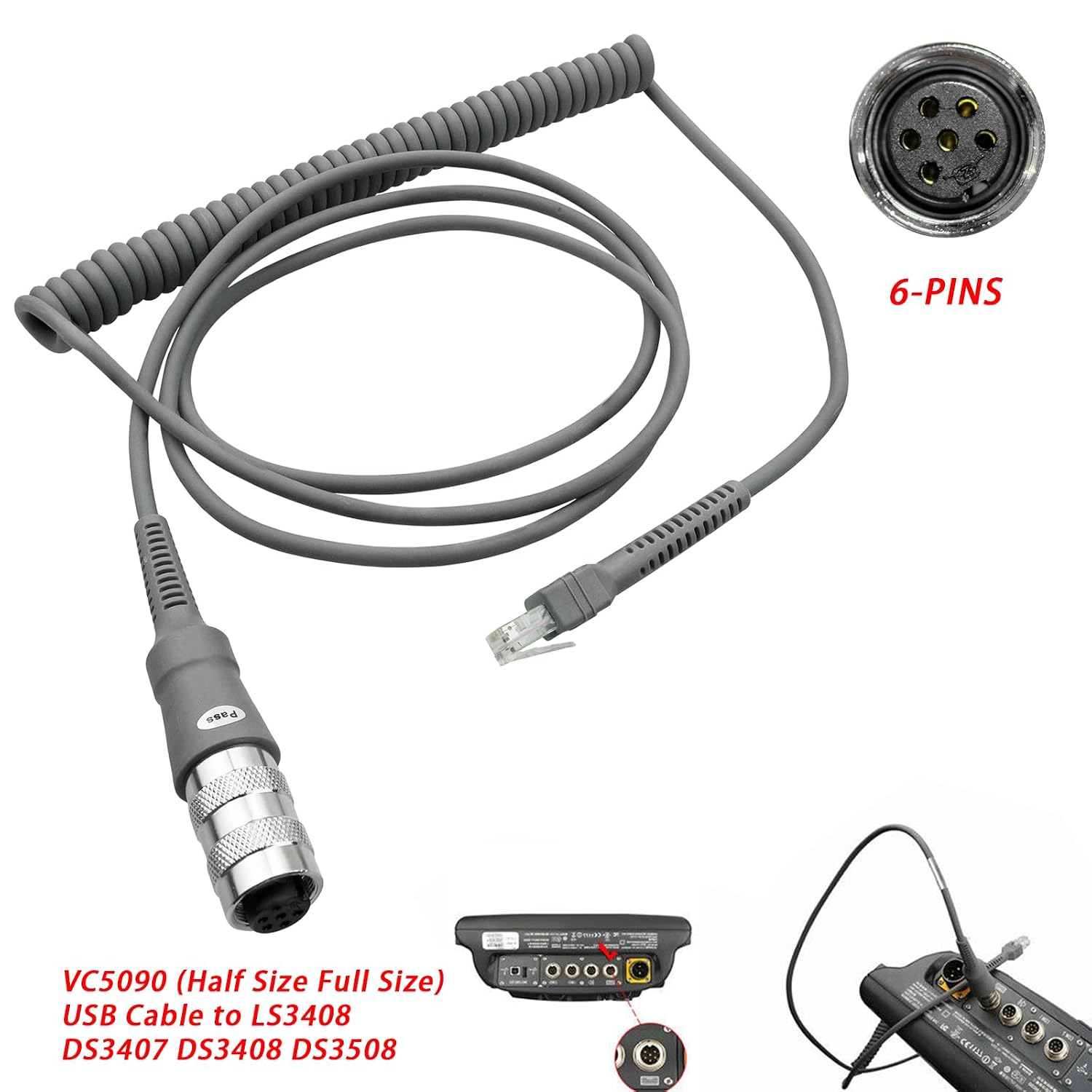 USB Scanner Cable Replacement 25-71918-01R for Symbol VC5090 to LS3408 DS3407 DS3408 DS3508 Handheld Barcode Scanner Mobile Computer, 6Pin, 9ft Coiled