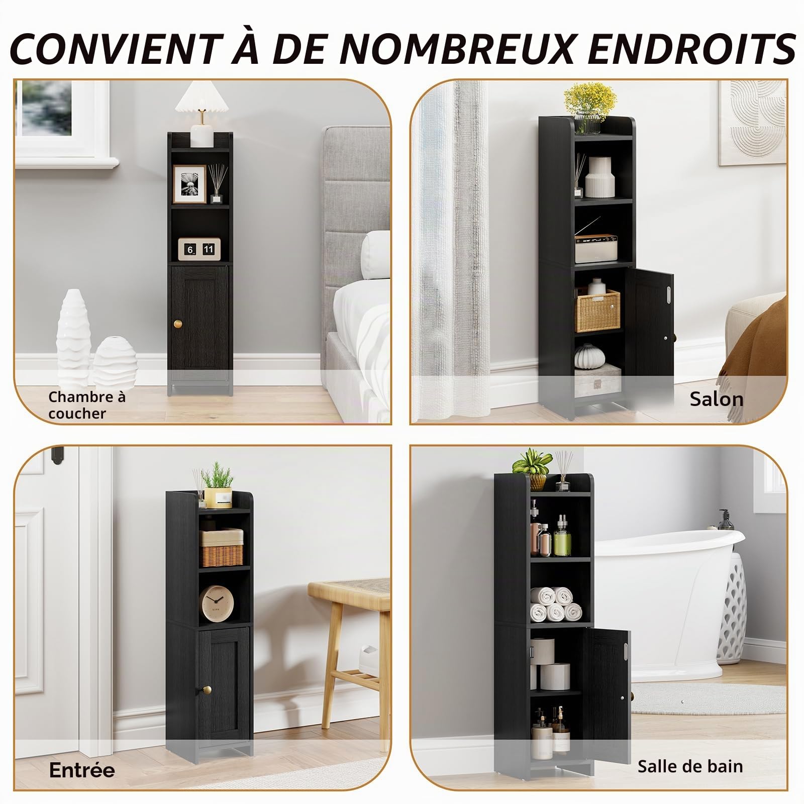 RRX Petite armoire de rangement pour salle de bain, organiseur de salle de bain autonome pour petits espaces, sol d'angle étroit avec porte et étagères, noir