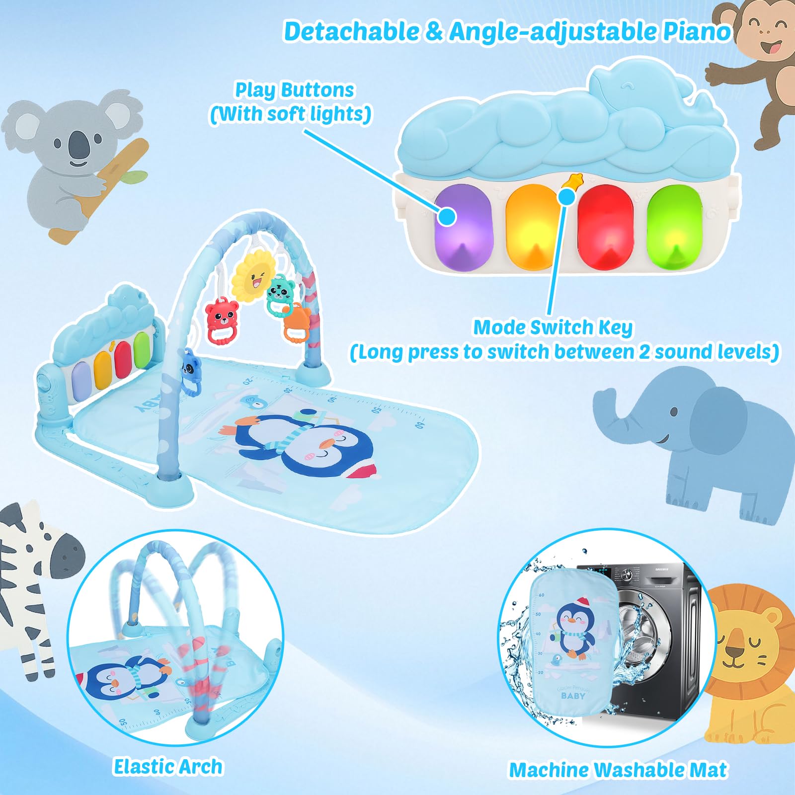 Vextronic Baby Play Gym Mat, Kick and Play Piano Gym with Music & Light, Baby Activity Mat, Piano Play Mat, Newborn Infant Tummy Time Gift for 0-3/6/9/12 Months