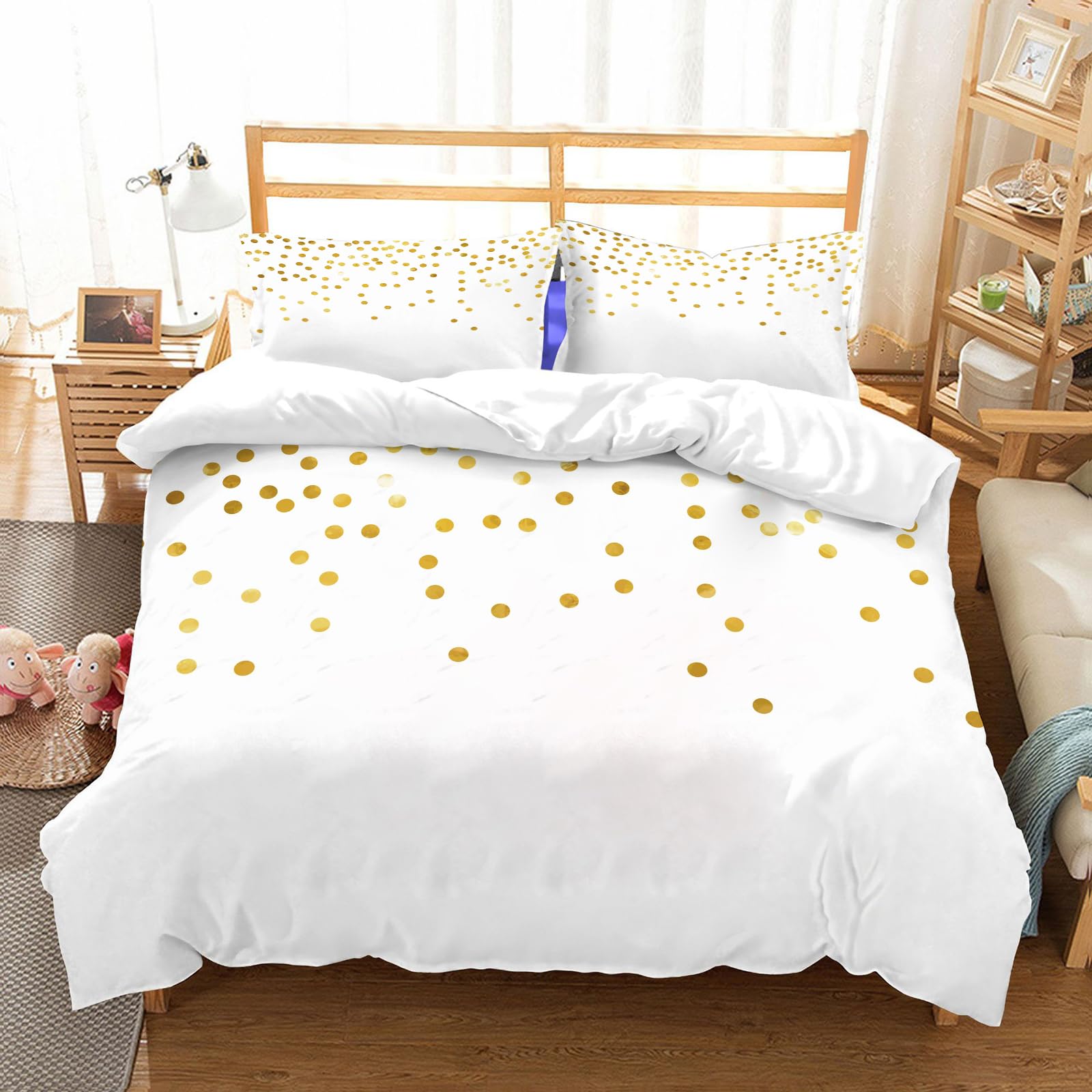 Ensemble de literie microfibres anti-plis lit 200x228cm parure pois d'or