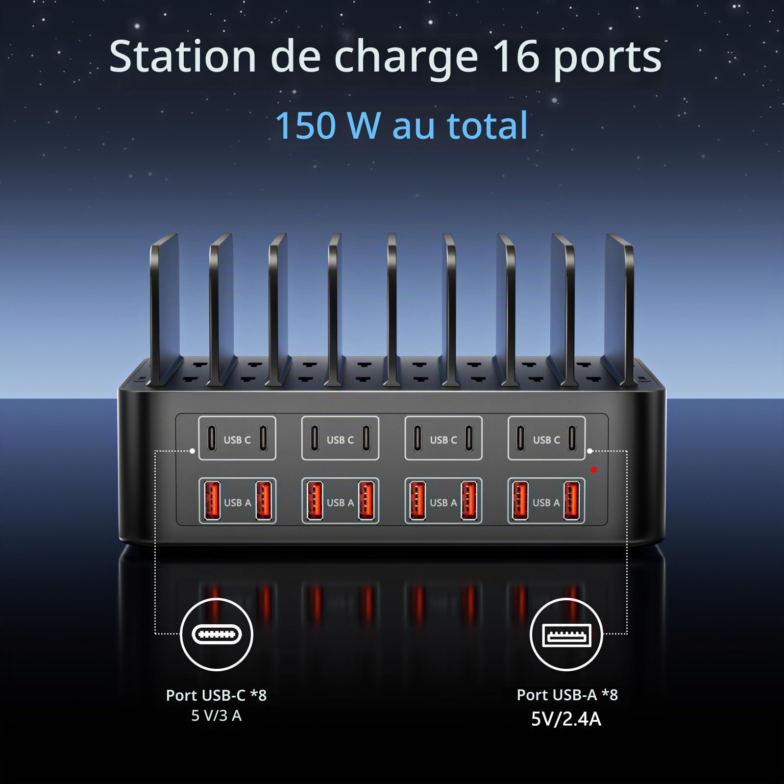 Station de Chargeur USB Multiple,16 Ports 150W Chargeur Adaptateur Secteur, avec séparateur réglable et Amovible, concentrateur d'alimentation USB C, Compatible avec iPhone/Galaxy/Andere USB-Geräte