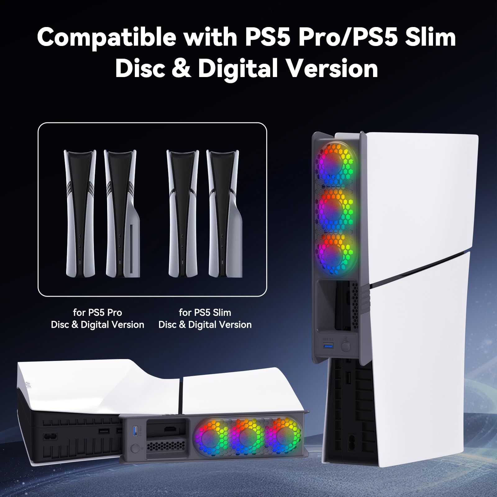 ELUTENG Ventilateur de Refroidissement pour PS5 Slim et PS5 Pro, Efficient Refroidisseur avec Lumière RGB et Hubs USB 3.0, Accessoire de Refroidissement Silencieux pour Playstation 5 Pro/Slim