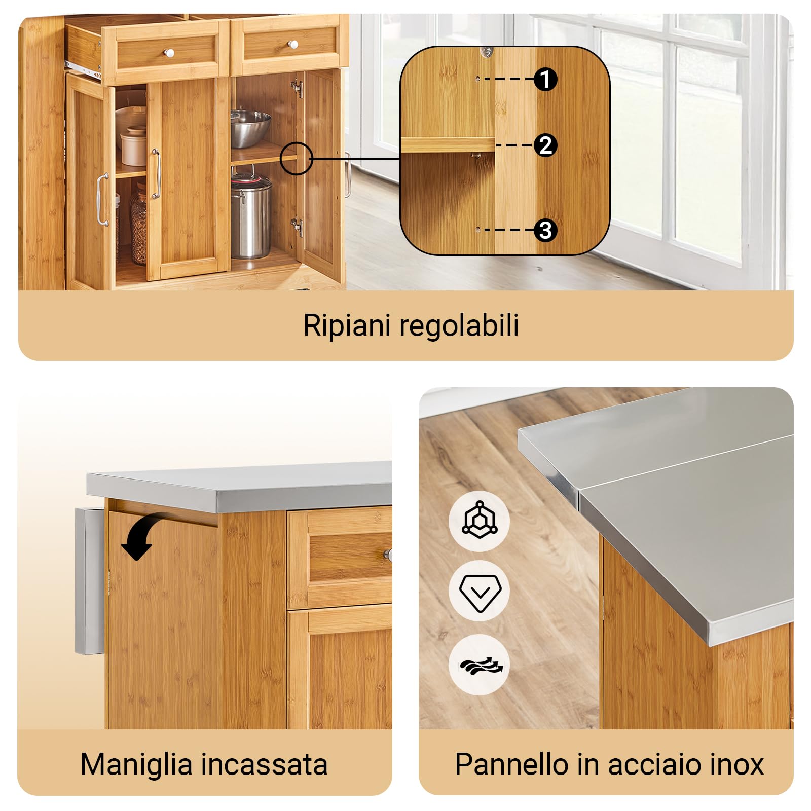 SoBuy Isola Cucina su Ruote con Piano di Lavoro Estendibile, Mobiletto Salvaspazio, Carrello da Cucina con Ruote, con Due Cassetti e Ripiano Regolabile Naturale 107x(46–71) x92,5 cm FKW130-N