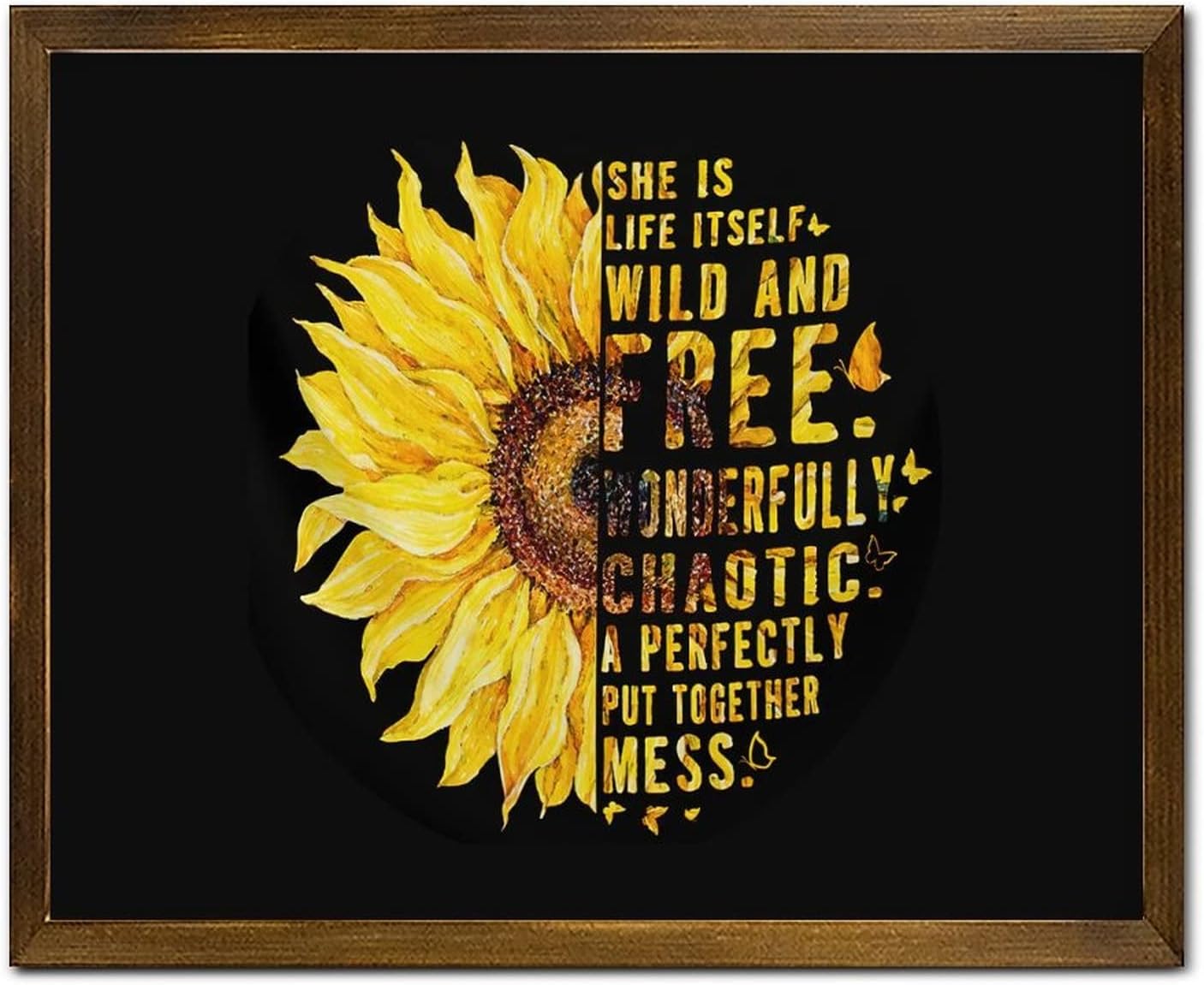 She is Life Itself Wild & Free Framed Wooden Sign Sunflower with Butterfly Silhouette Wall Art Sign Rustic French Floral Wood Wall Hanging Decoration for Laundry Room Bathroom Bedroom Home 16x20 Inch
